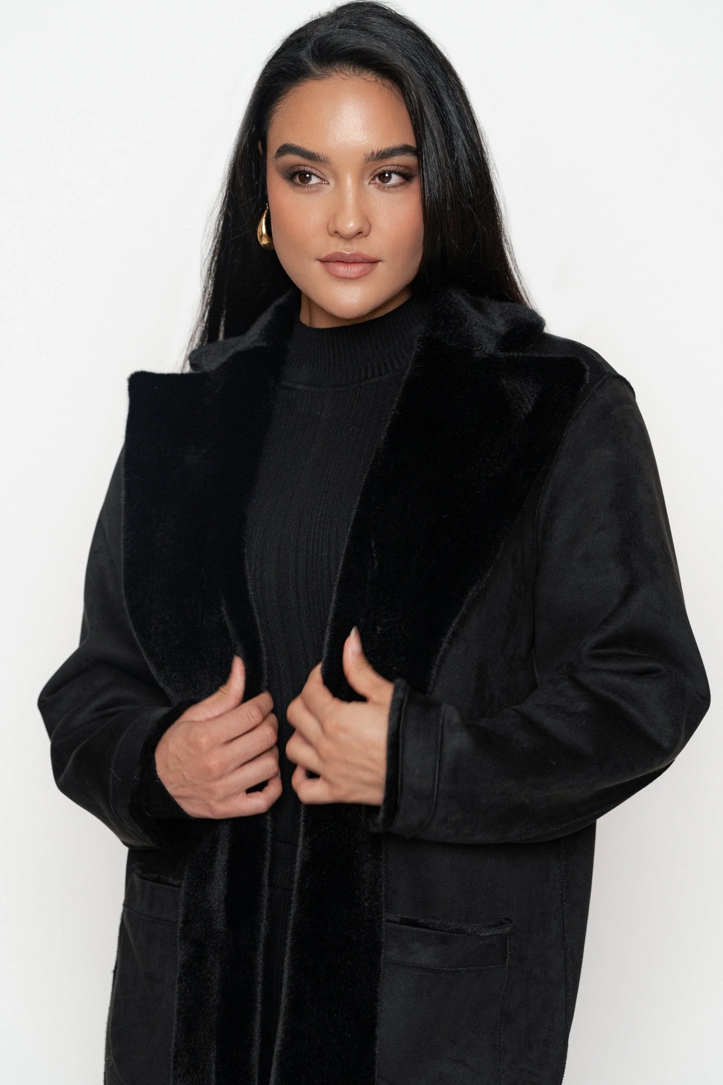 Black Thelma Reversible Suede Coat JLUXLABEL