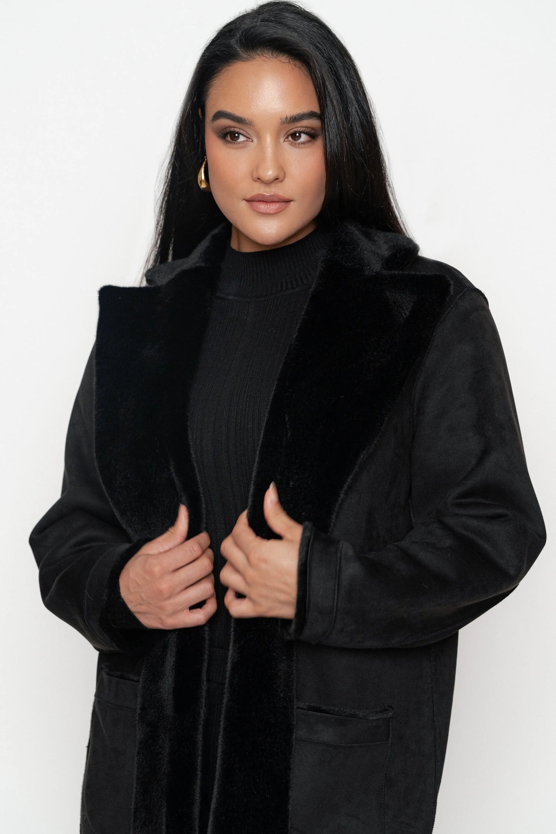 Black Thelma Reversible Suede Coat JLUXLABEL