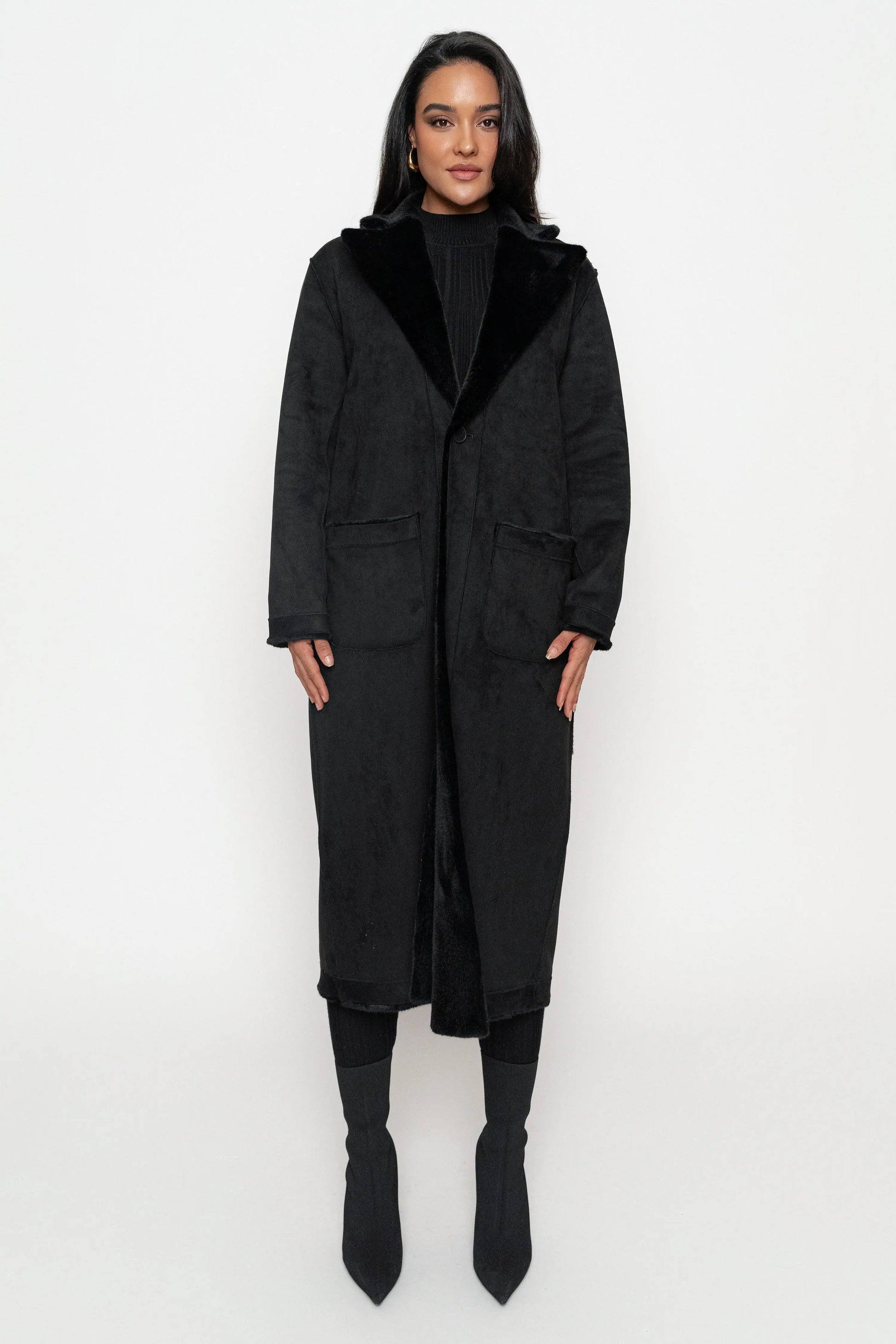 Black Thelma Reversible Suede Coat JLUXLABEL