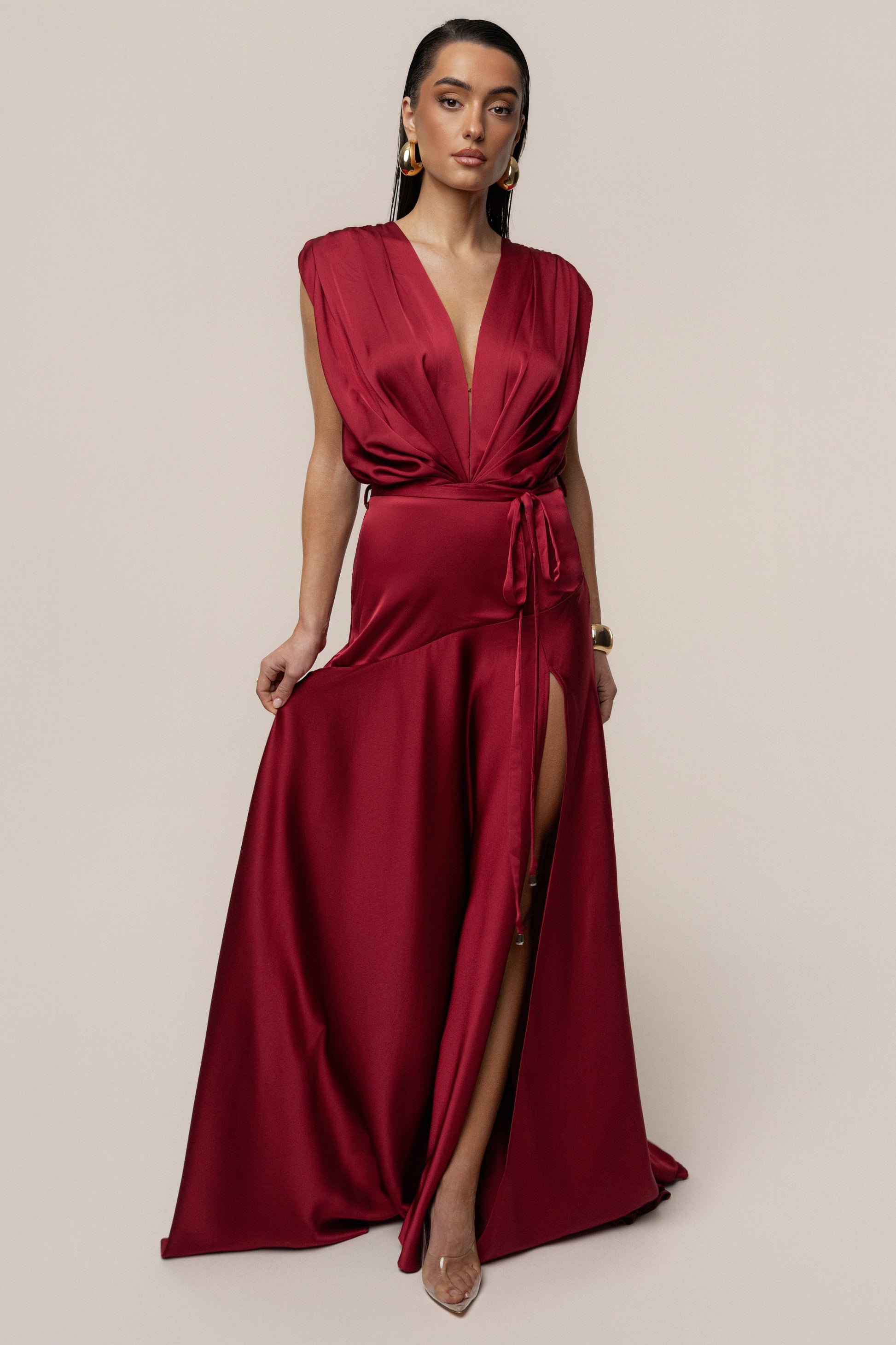 Red Amalia Satin Maxi Dress JLUXLABEL