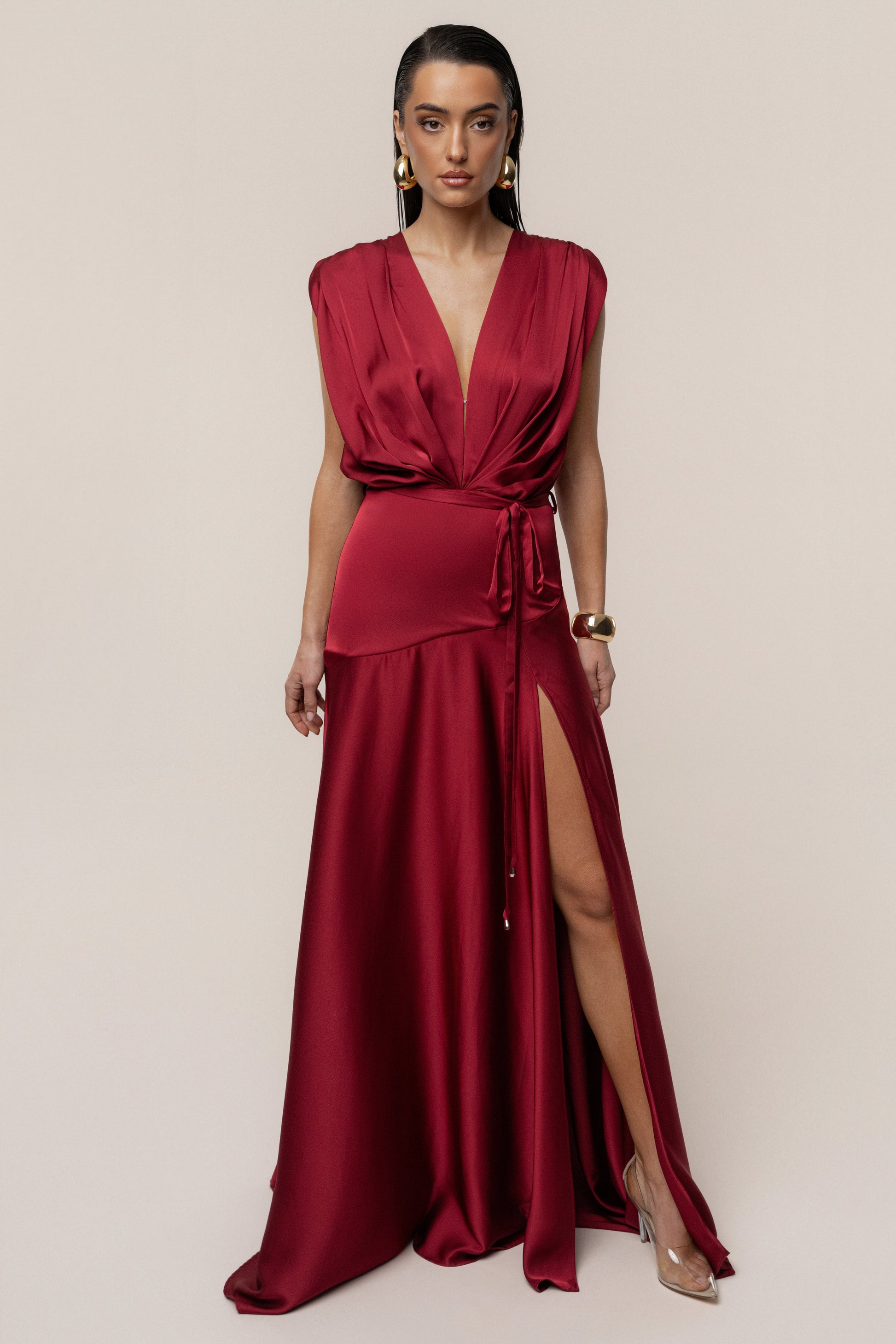 Red Amalia Satin Maxi Dress JLUXLABEL
