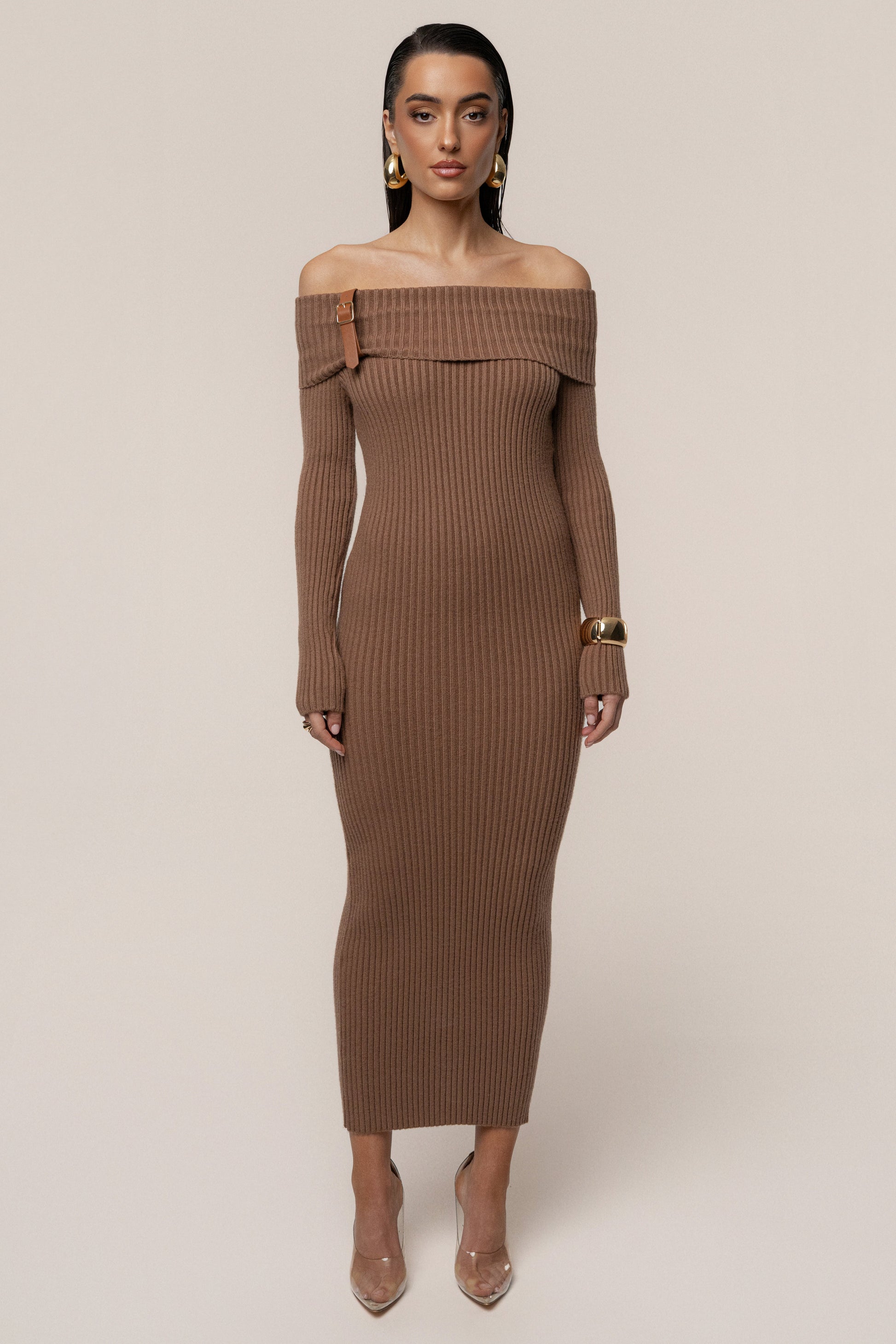Tan Kira Ribbed Midi Dress JLUXLABEL