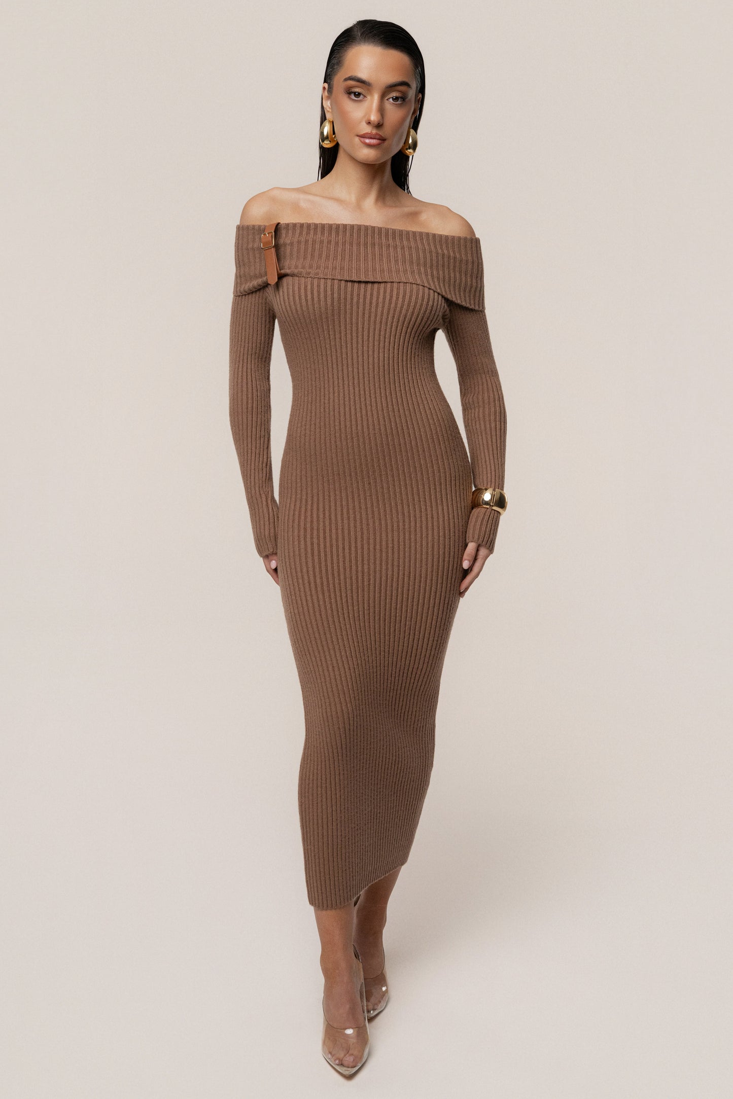 Tan Kira Ribbed Midi Dress JLUXLABEL