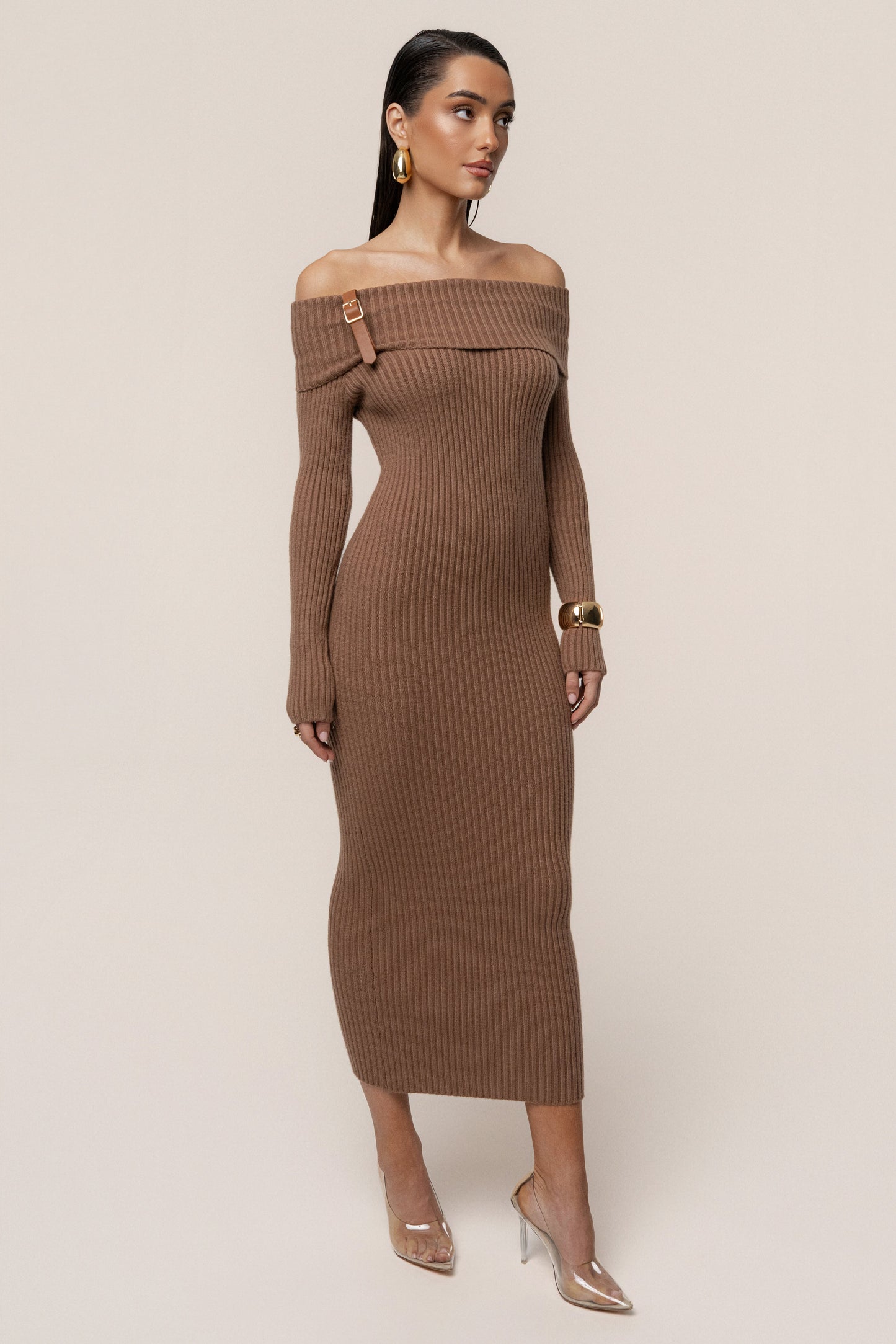 Tan Kira Ribbed Midi Dress JLUXLABEL