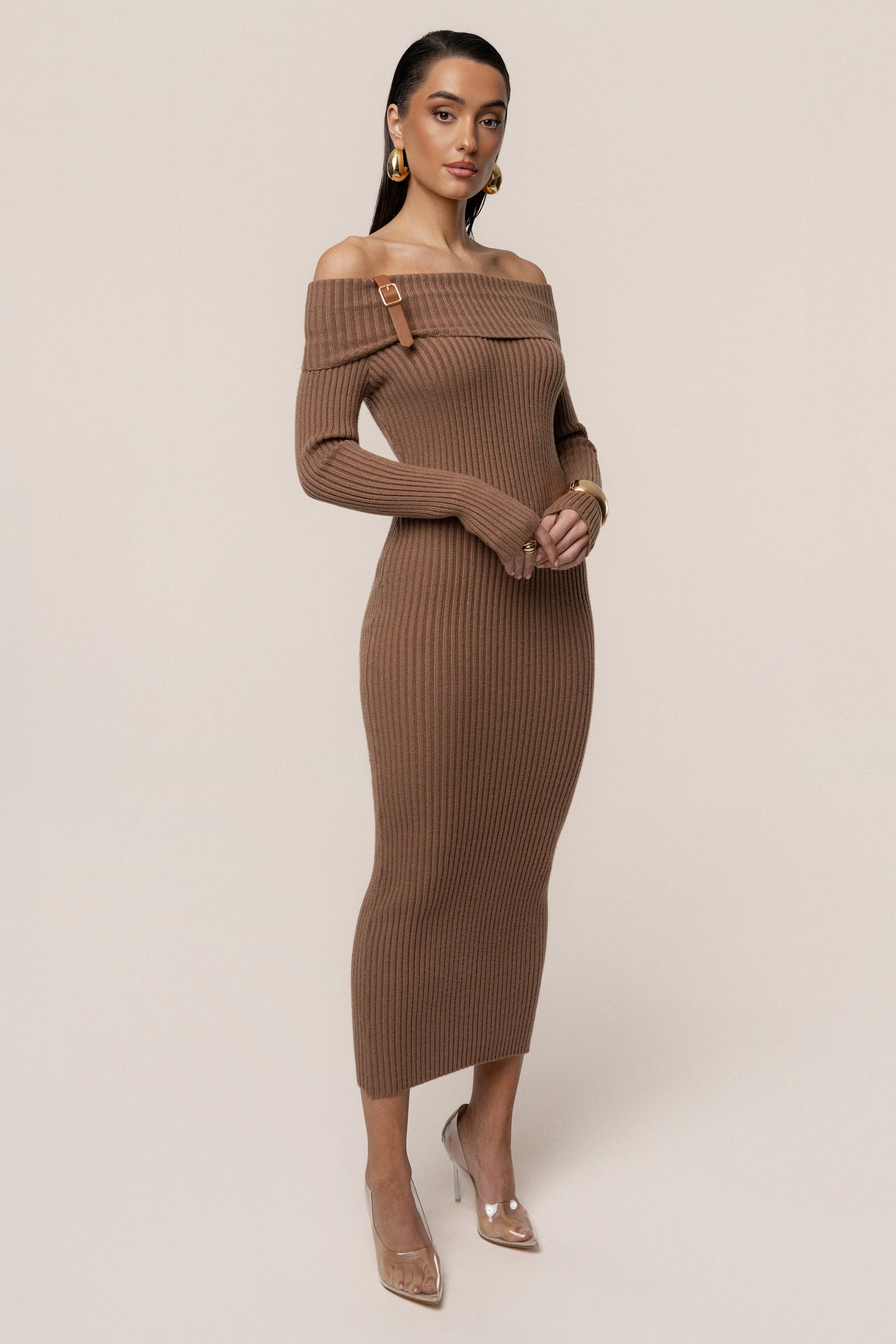 Tan Kira Ribbed Midi Dress JLUXLABEL