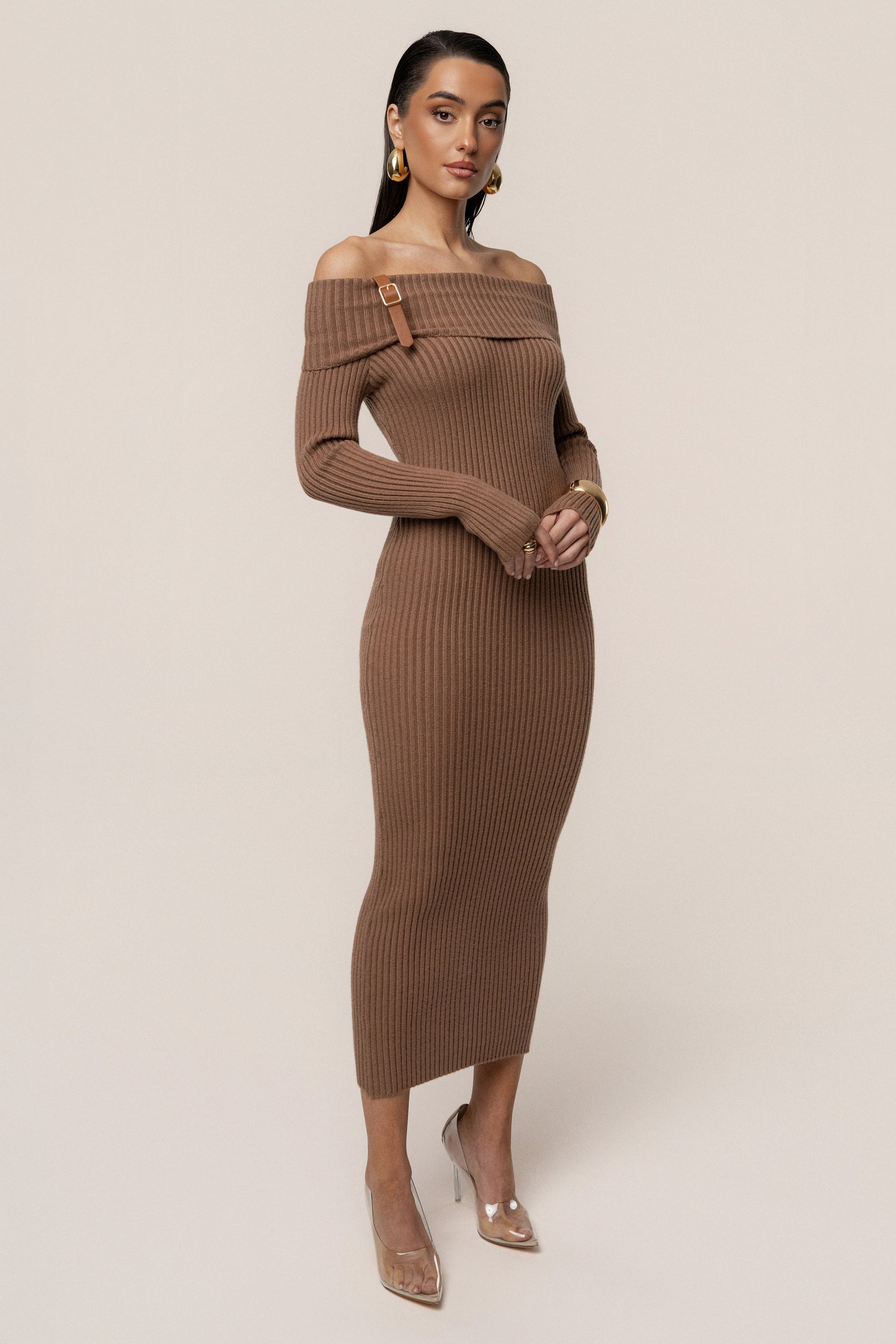 Tan Kira Ribbed Midi Dress JLUXLABEL