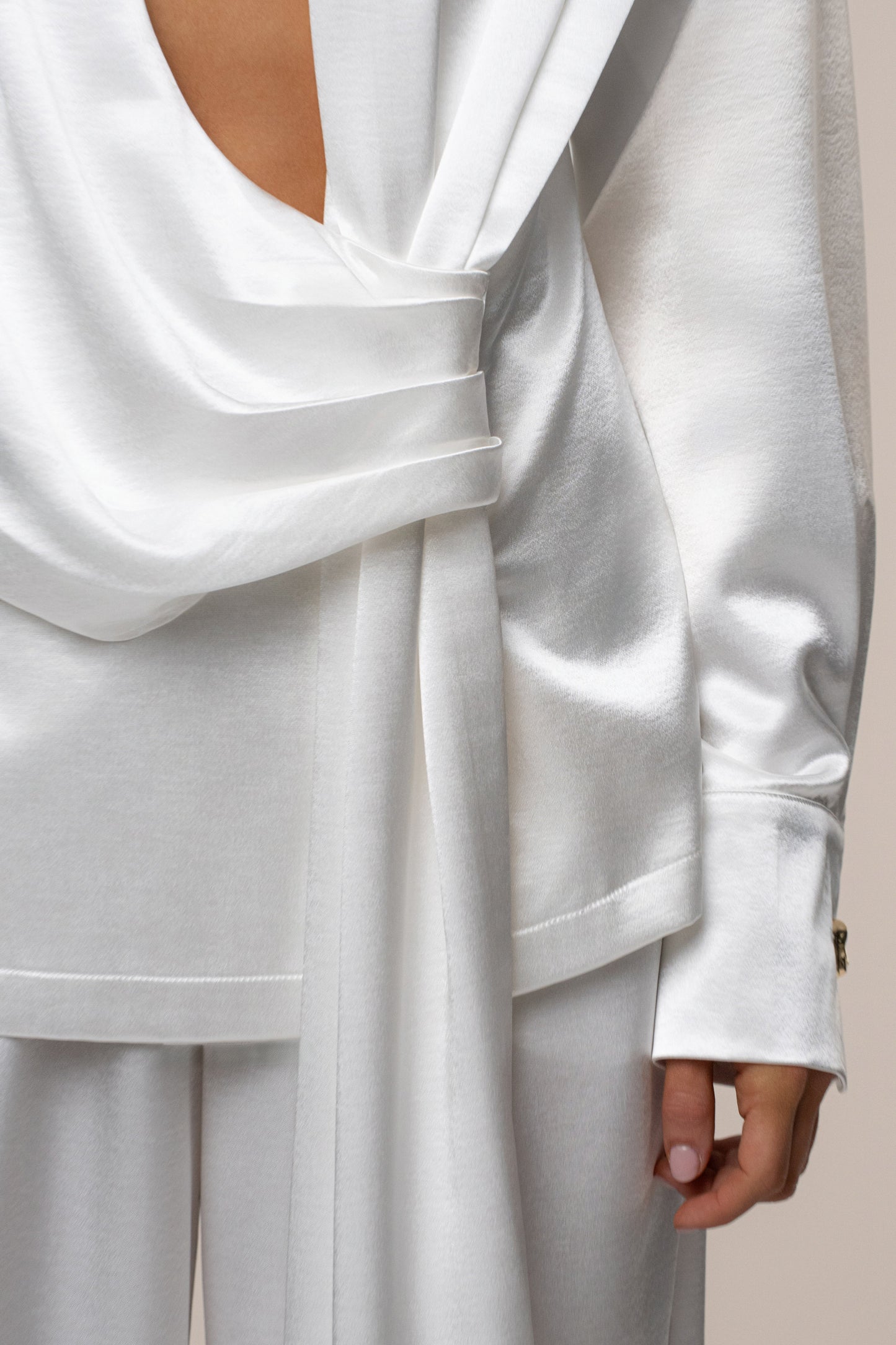White Statement Draped Satin Top