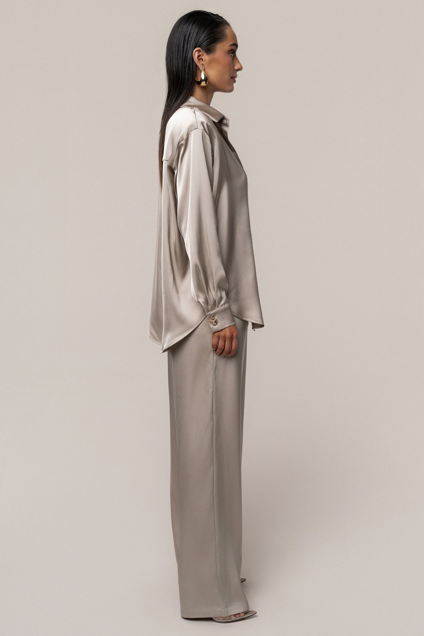 Beige Island Ease Collared Satin Top JLUXLABEL
