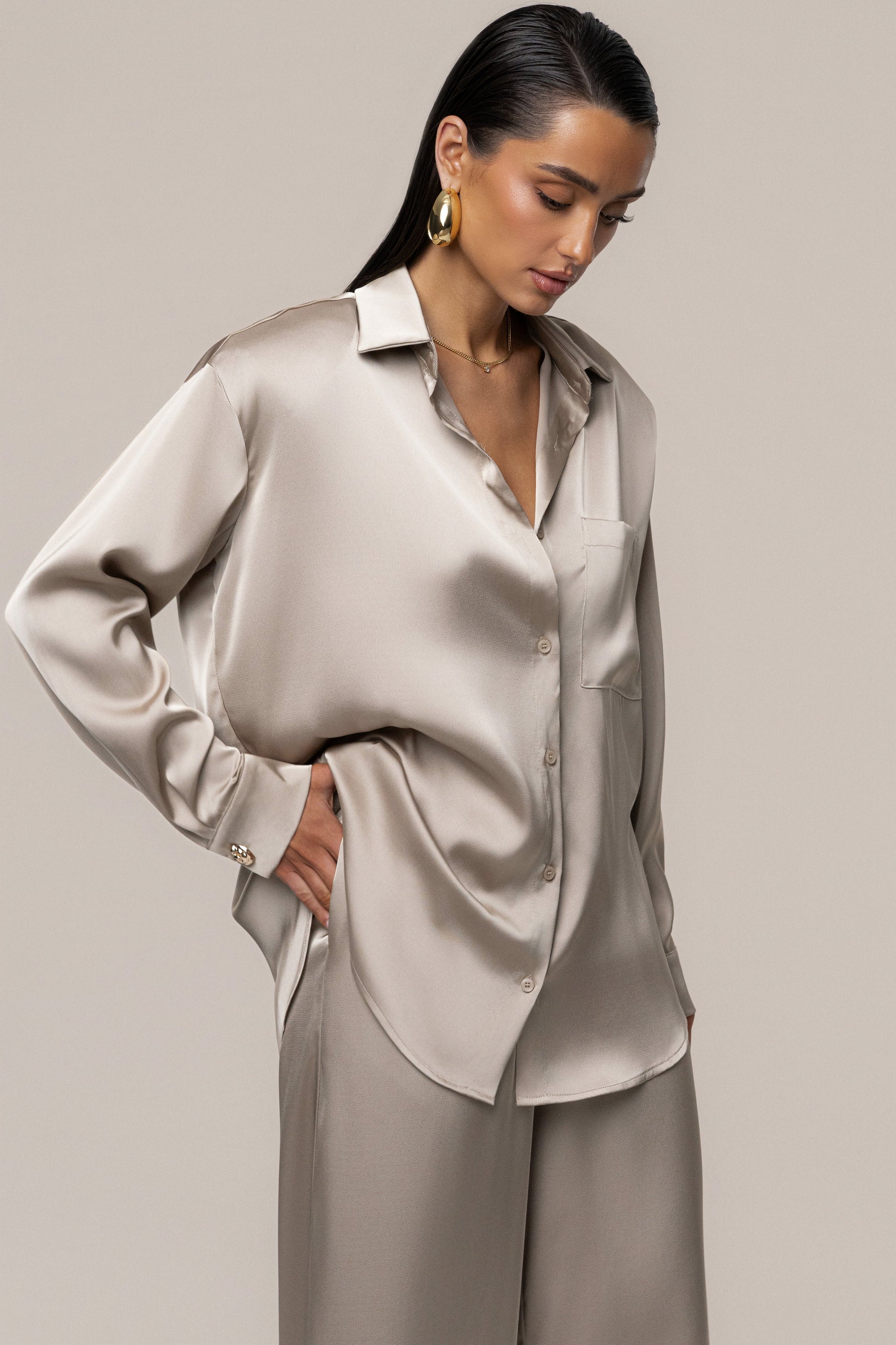 Beige Island Ease Collared Satin Top JLUXLABEL