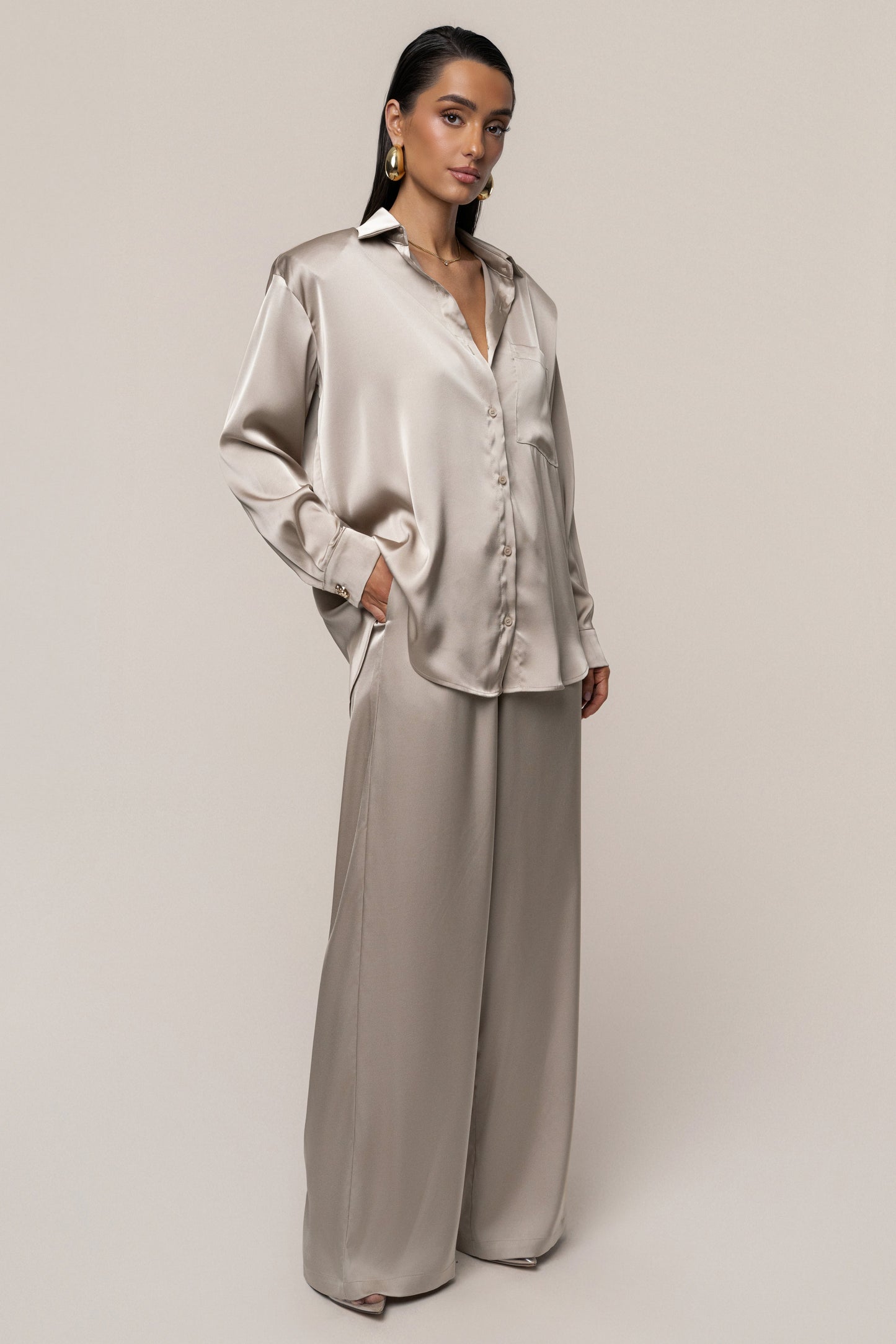 Beige Island Ease Collared Satin Top JLUXLABEL