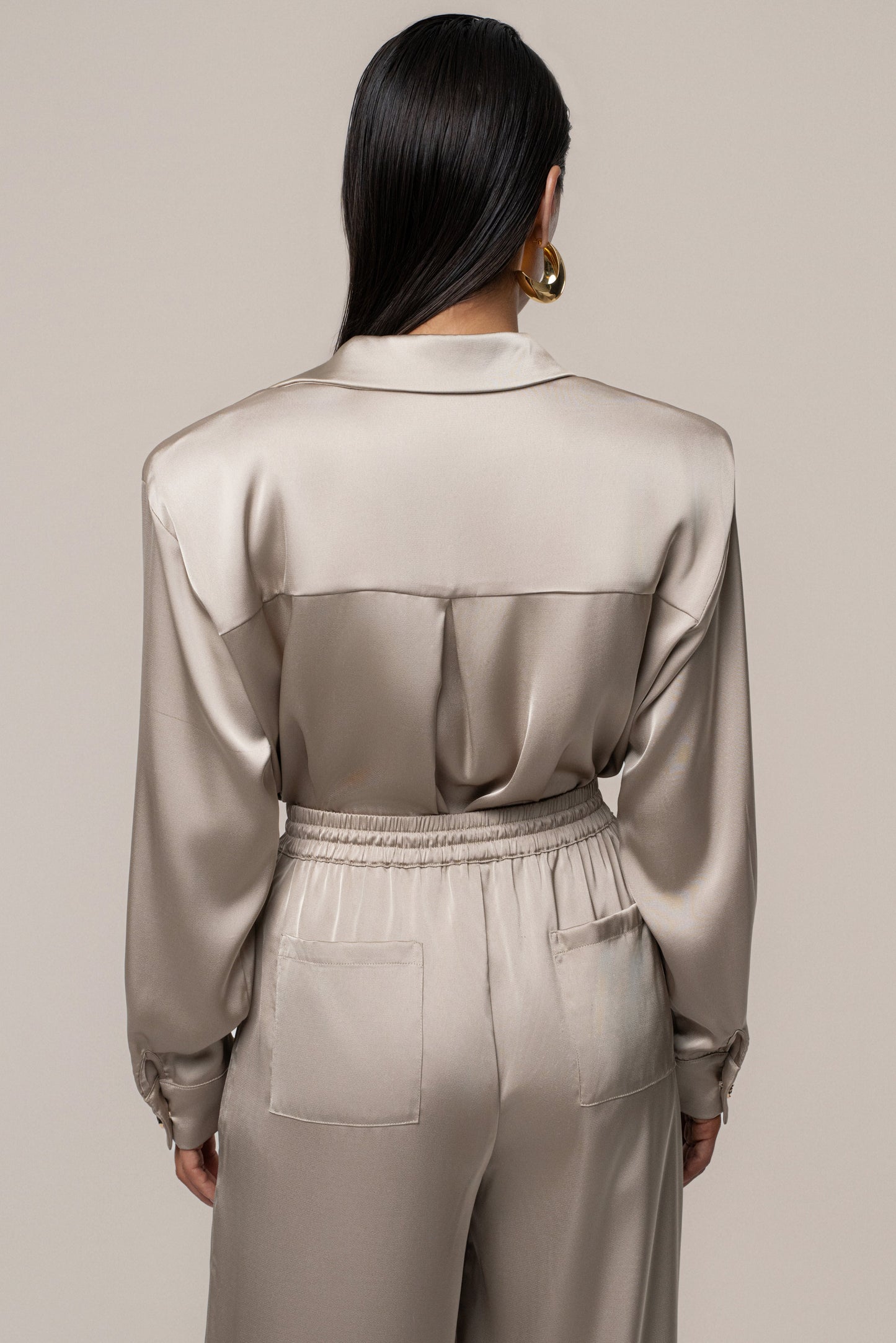 Beige Island Ease Collared Satin Top JLUXLABEL