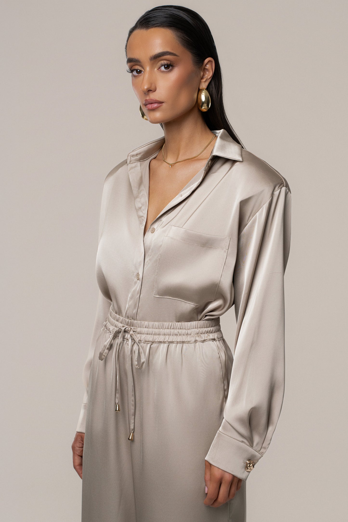 Beige Island Ease Collared Satin Top JLUXLABEL