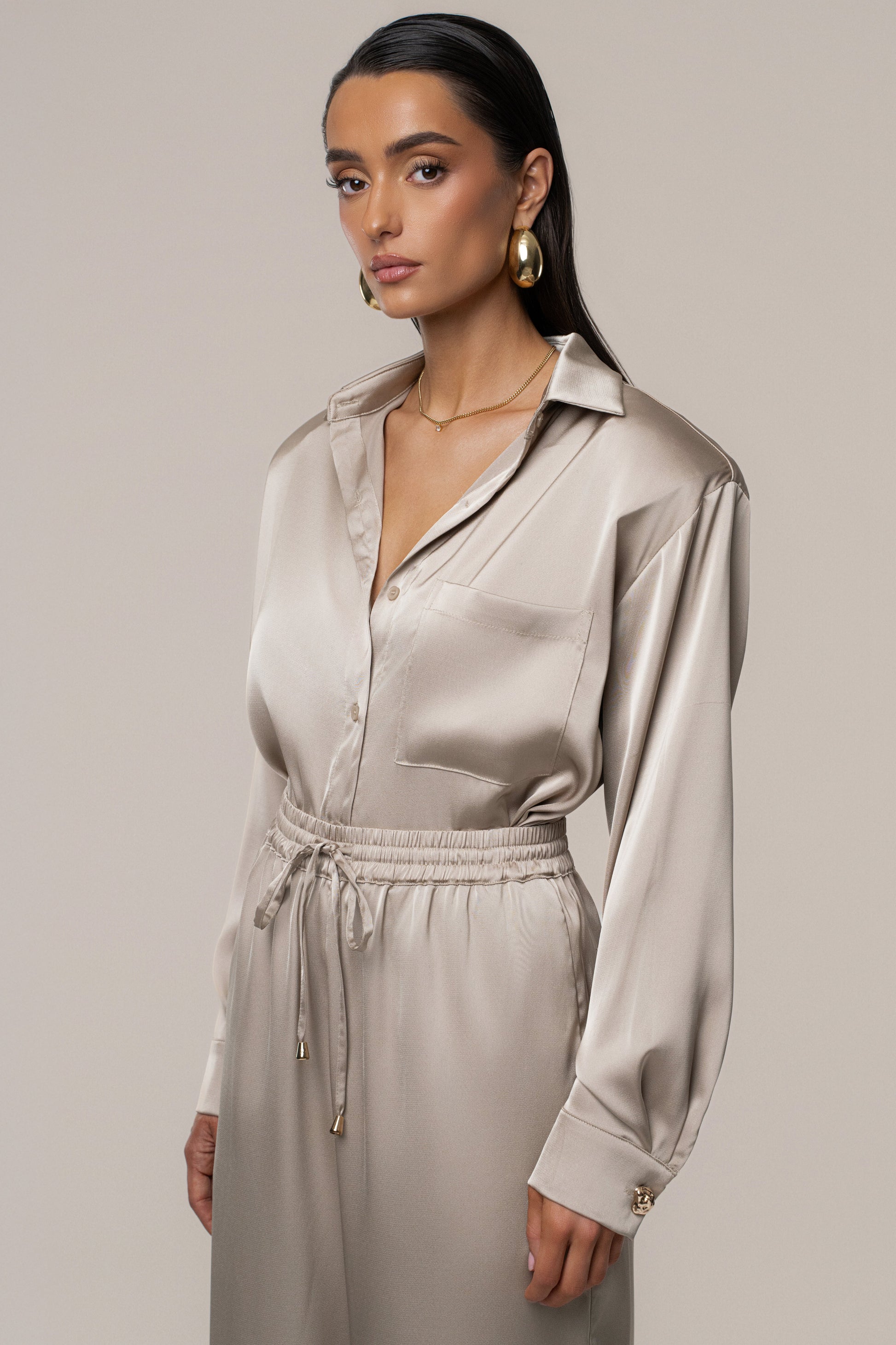 Beige Island Ease Collared Satin Top JLUXLABEL