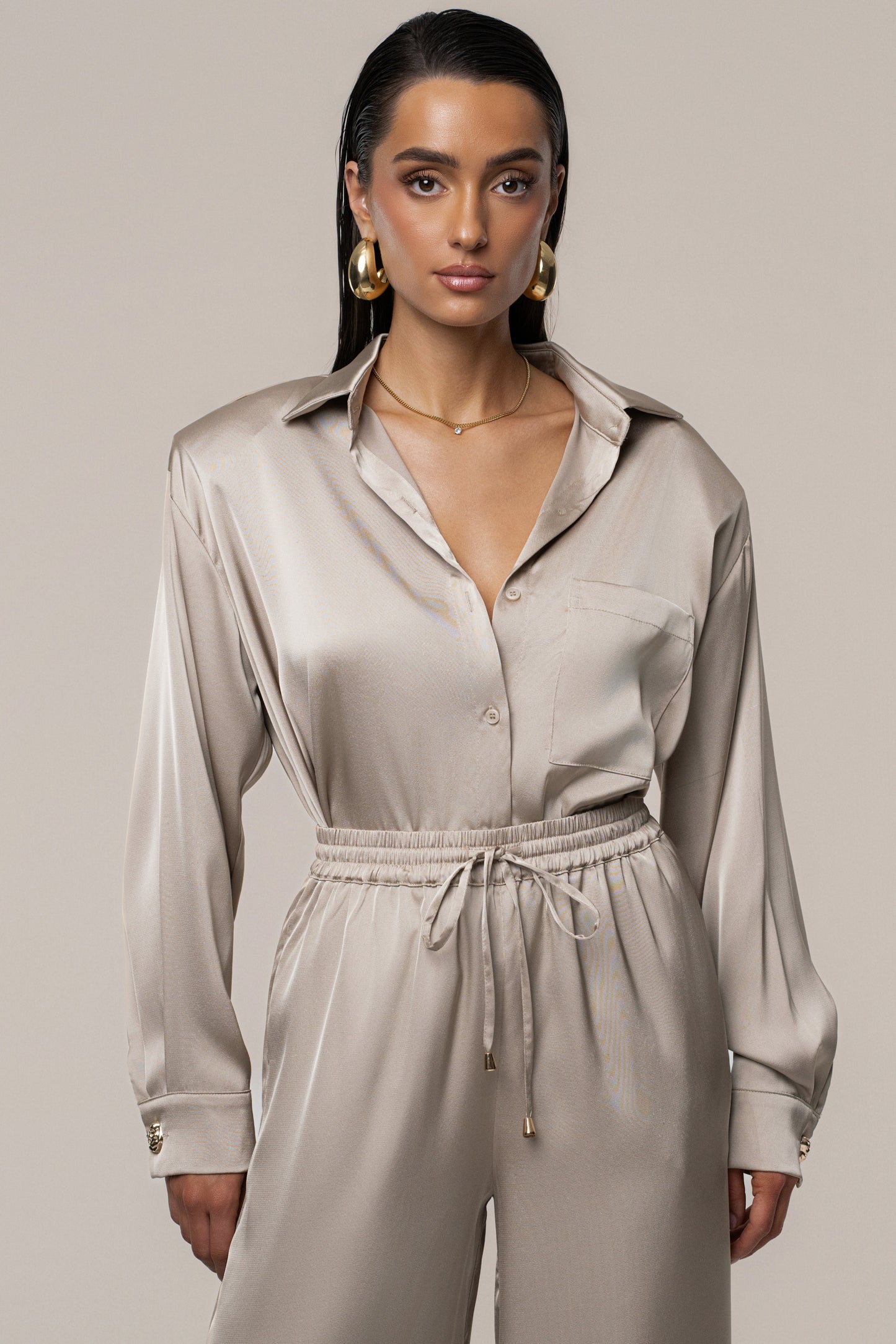 Beige Island Ease Collared Satin Top JLUXLABEL