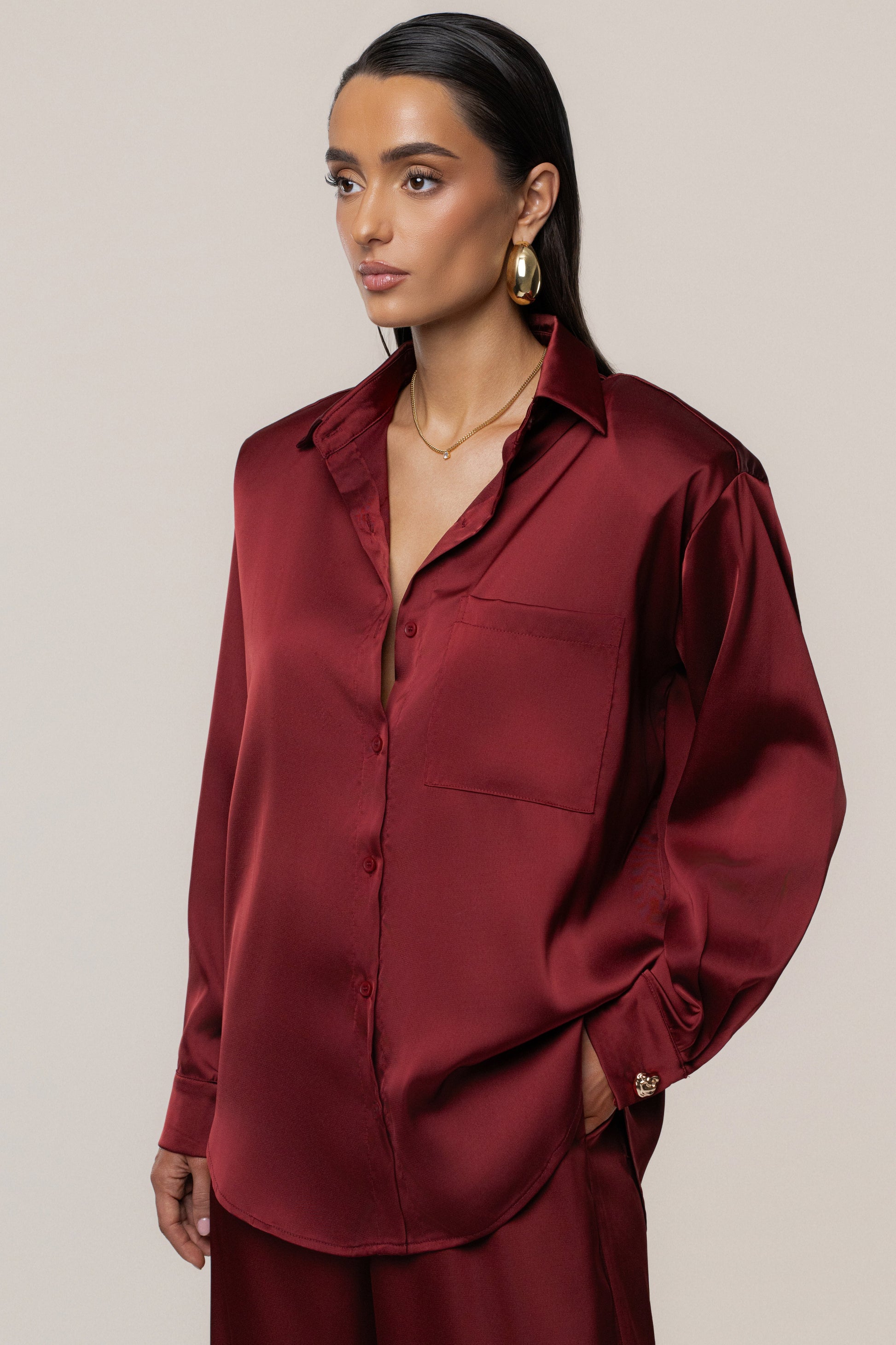 Burgundy Island Ease Collared Satin Top JLUXLABEL