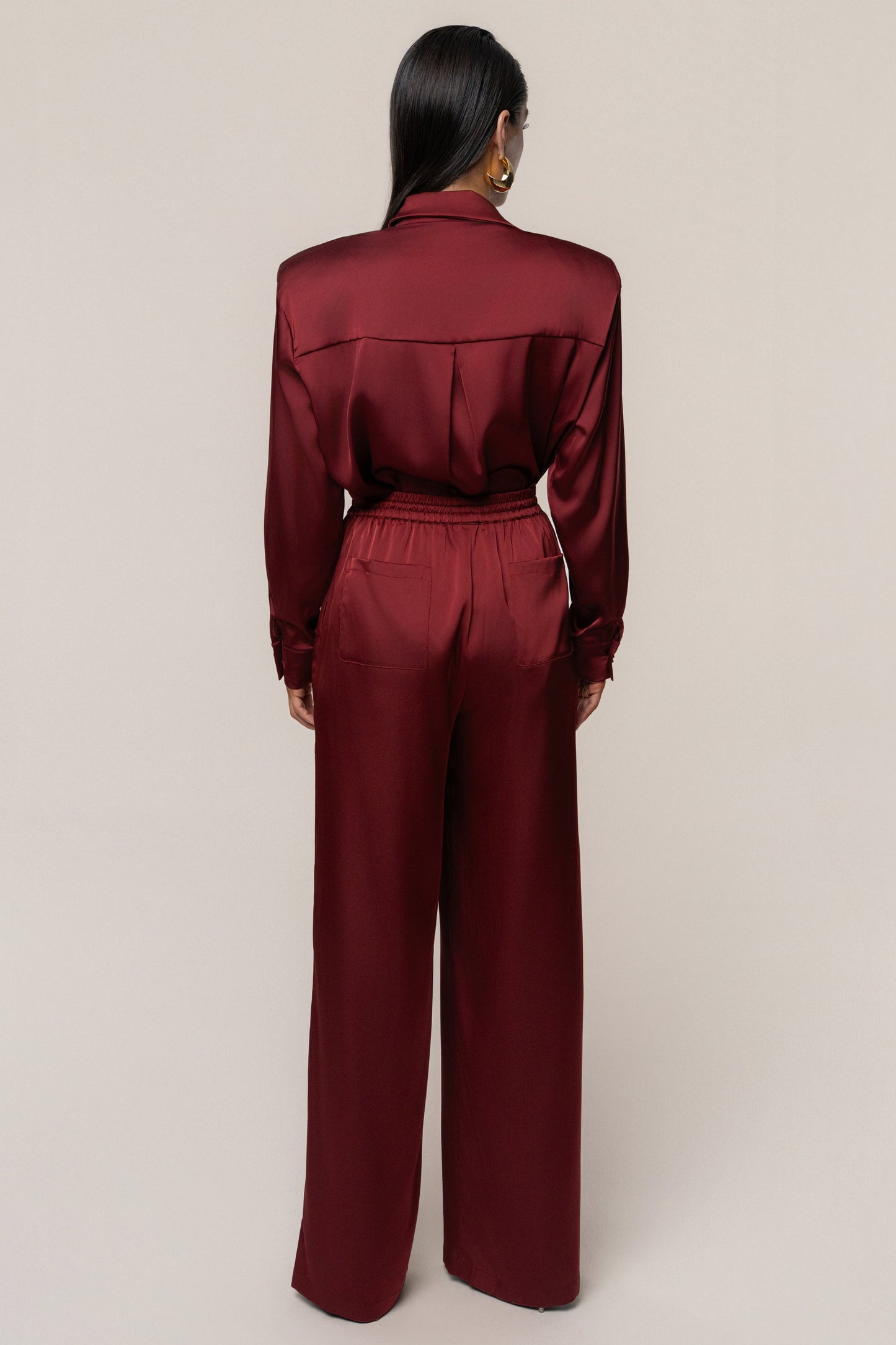 Burgundy Island Ease Collared Satin Top JLUXLABEL