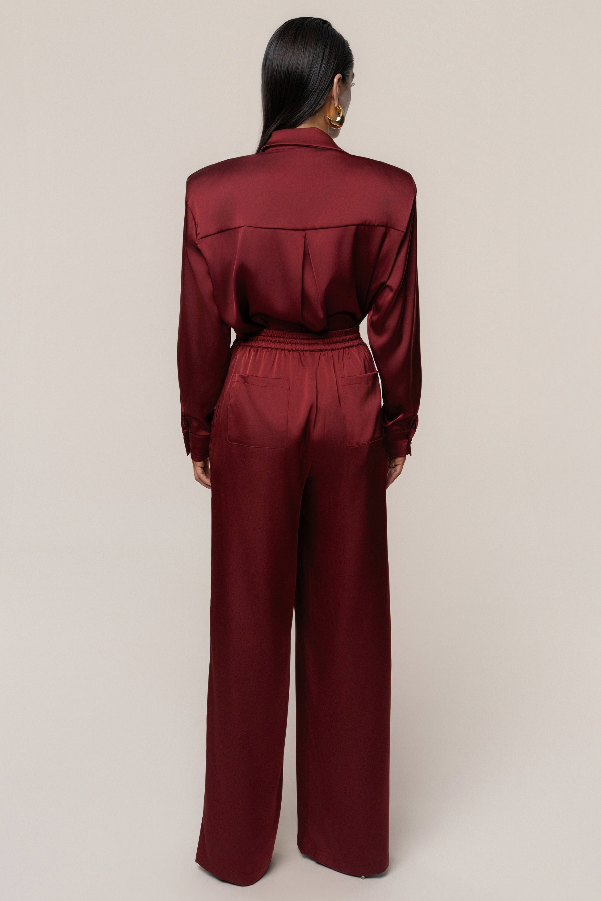 Burgundy Island Ease Collared Satin Top JLUXLABEL
