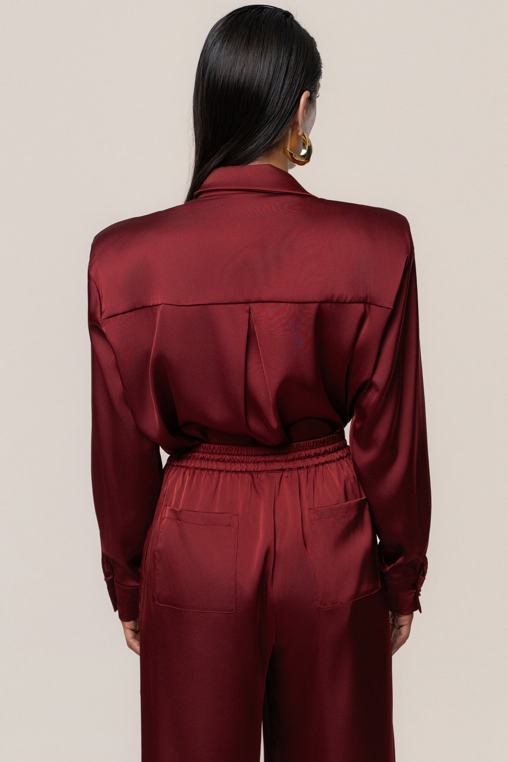 Burgundy Island Ease Collared Satin Top JLUXLABEL