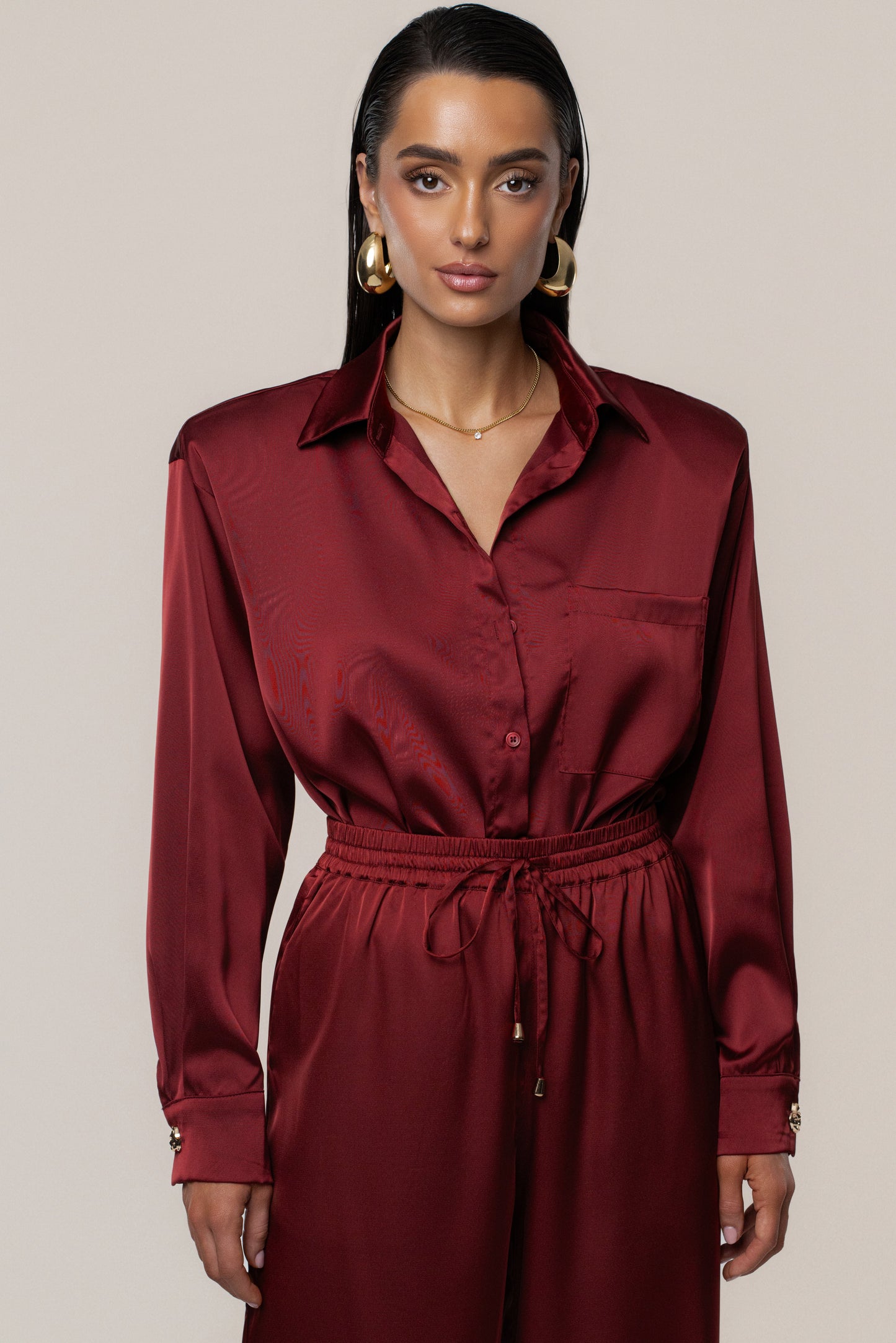 Burgundy Island Ease Collared Satin Top JLUXLABEL