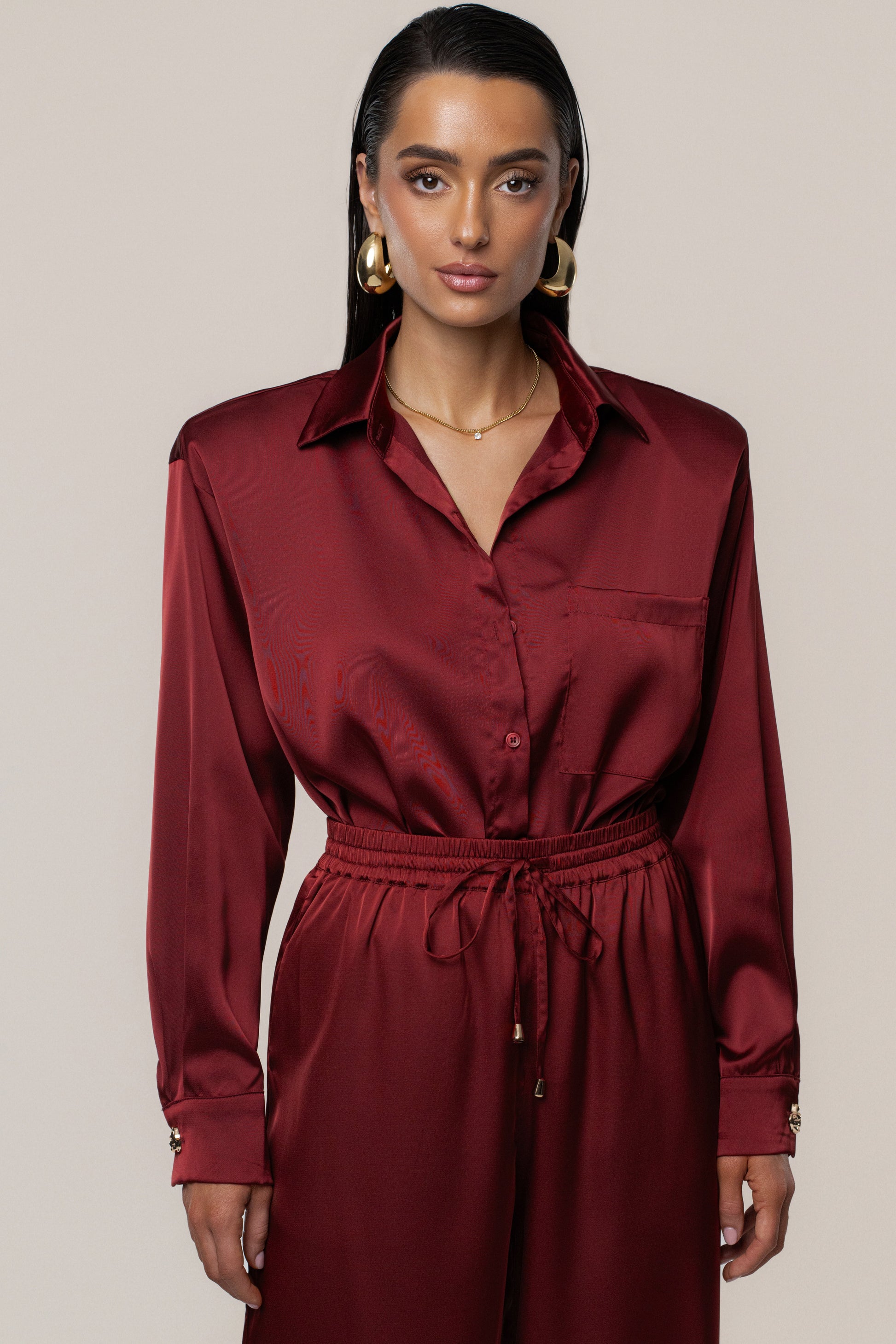 Burgundy Island Ease Collared Satin Top JLUXLABEL