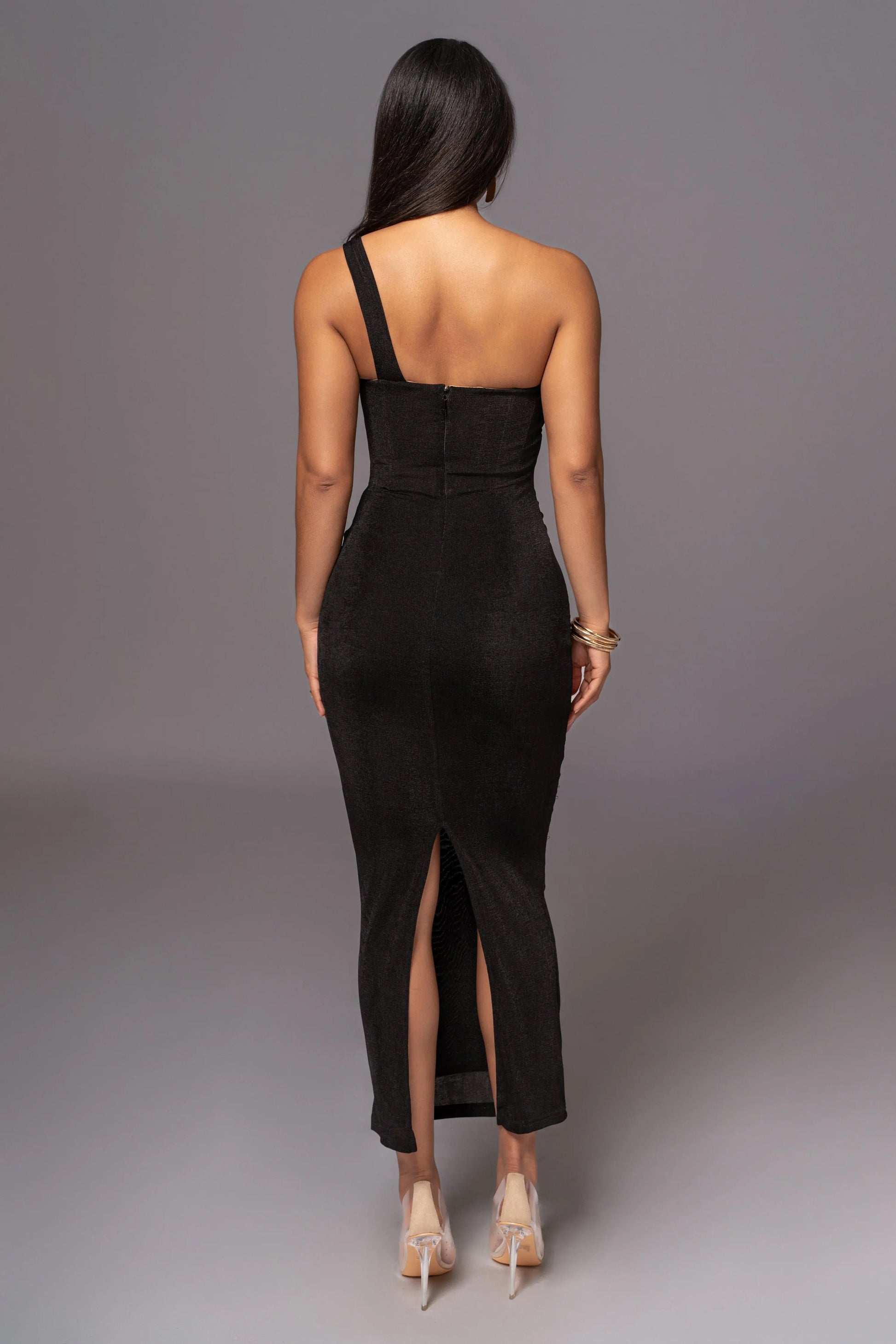 Black Slinky Krishna One Shoulder Maxi Dress JLUXLABEL