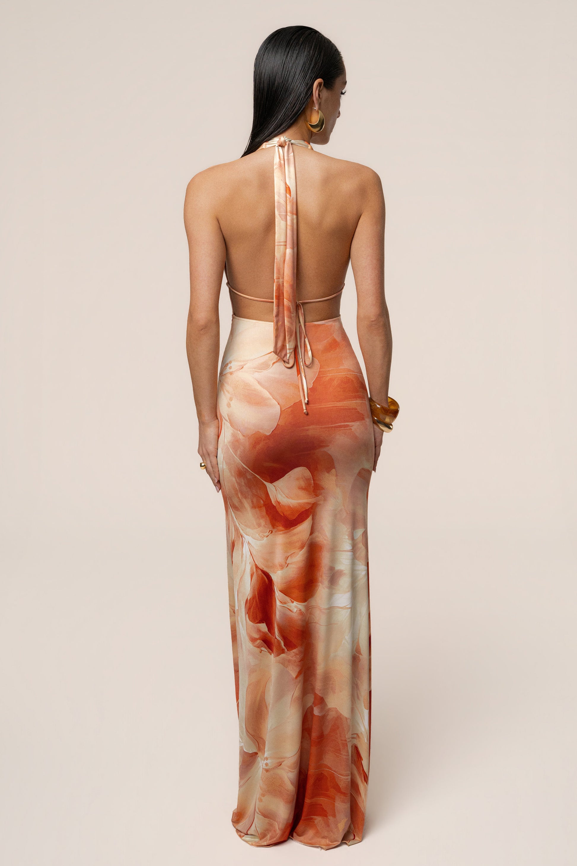 Orange Floral Blossom Print Maxi Dress JLUXLABEL