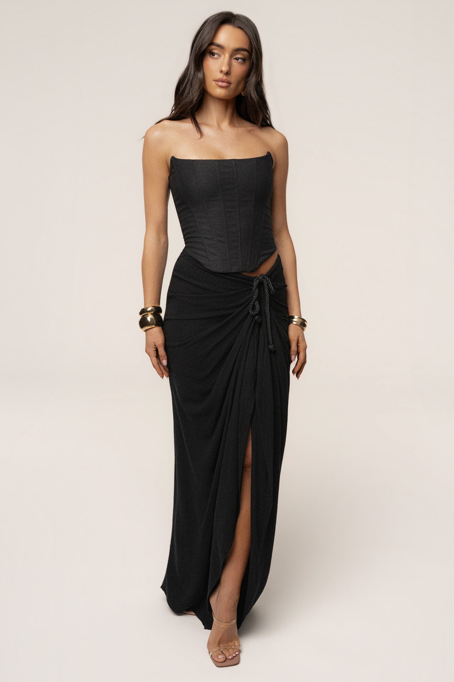 Black Noelia Linen Slit Skirt JLUXLABEL