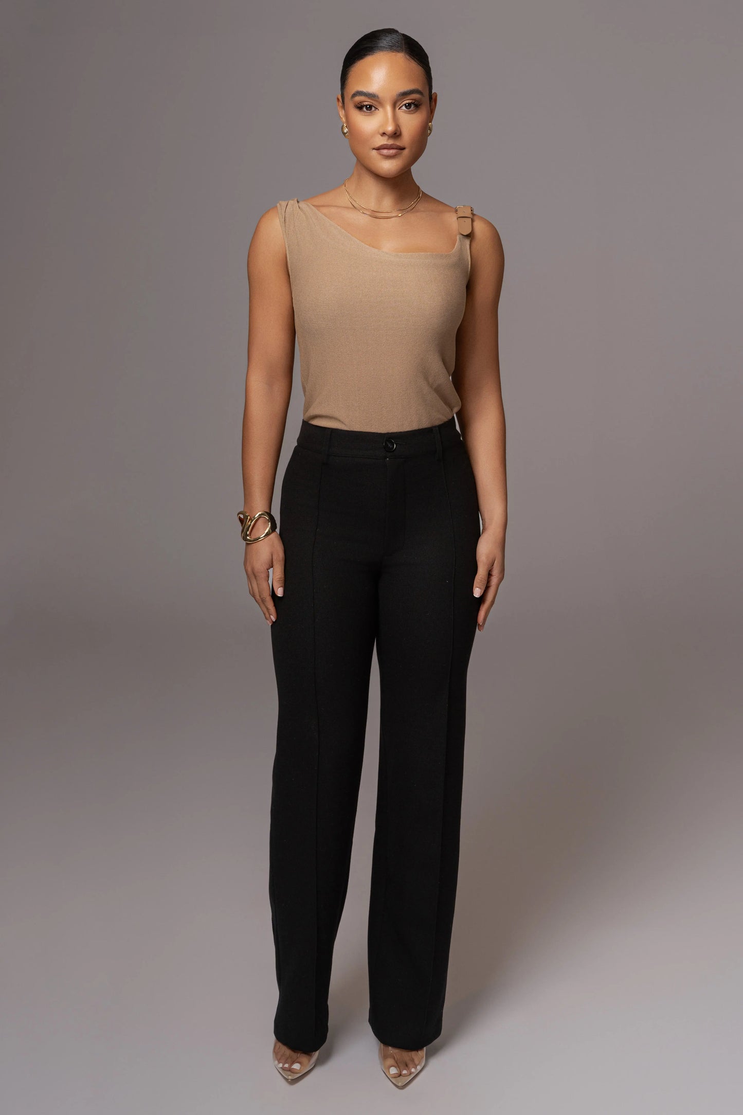 Beige Shanti Faux Buckle Top JLUXLABEL