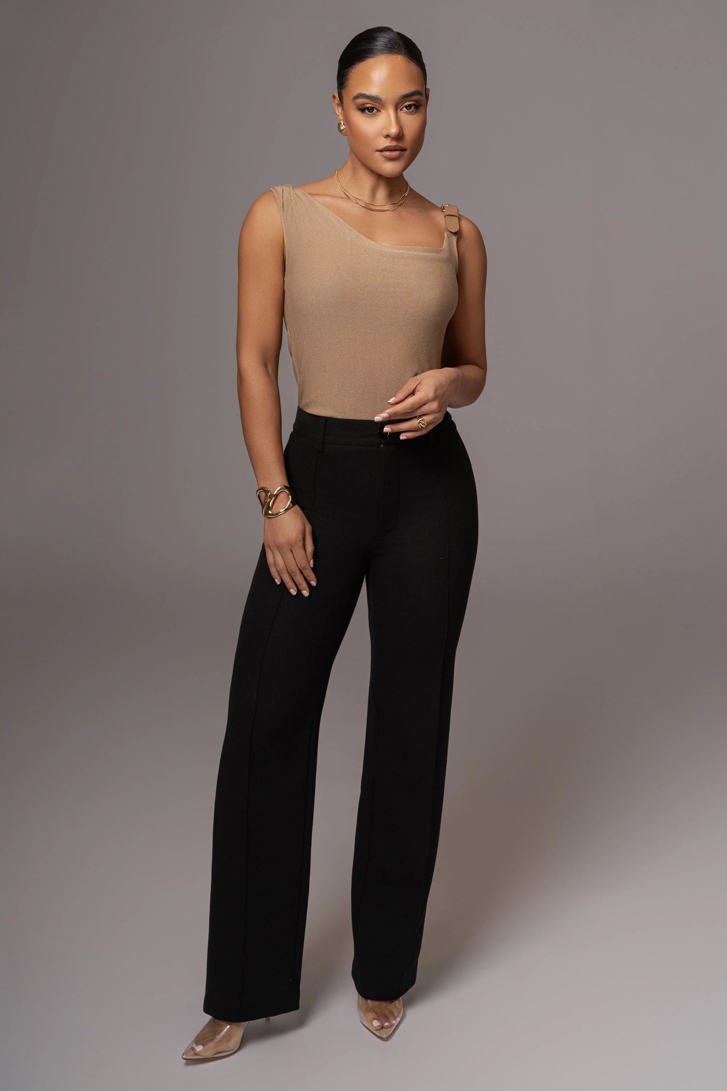 Beige Shanti Faux Buckle Top JLUXLABEL