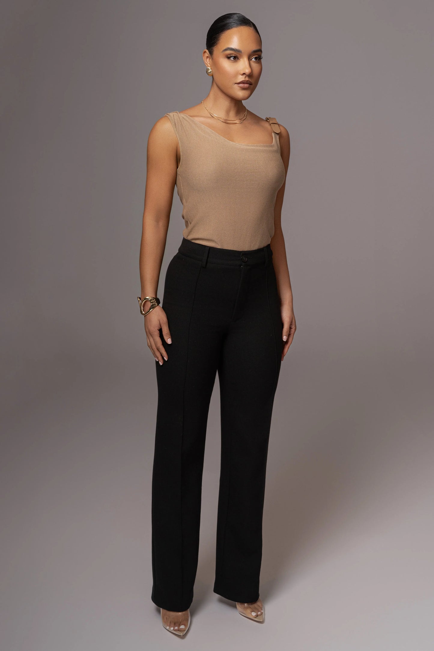 Beige Shanti Faux Buckle Top JLUXLABEL