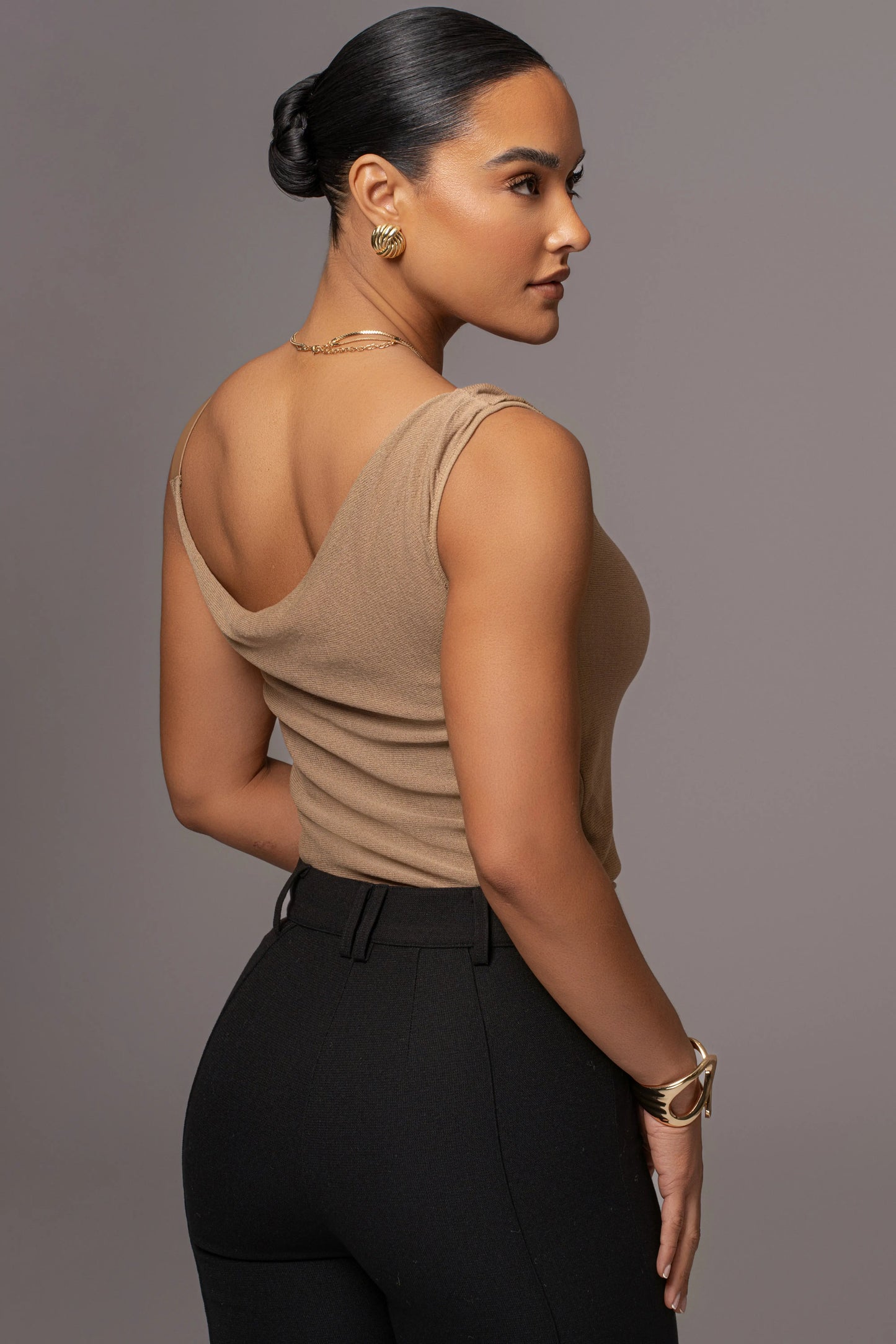Beige Shanti Faux Buckle Top JLUXLABEL