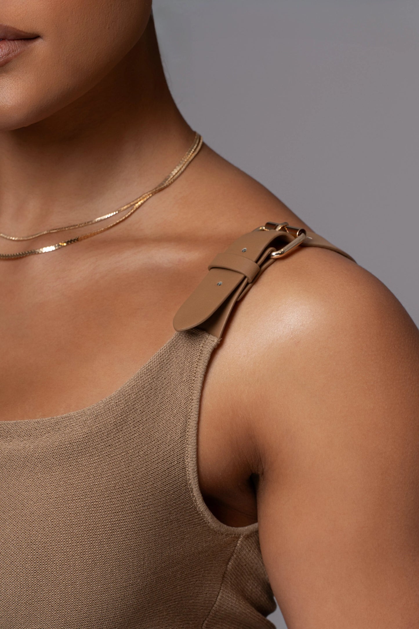 Beige Shanti Faux Buckle Top JLUXLABEL