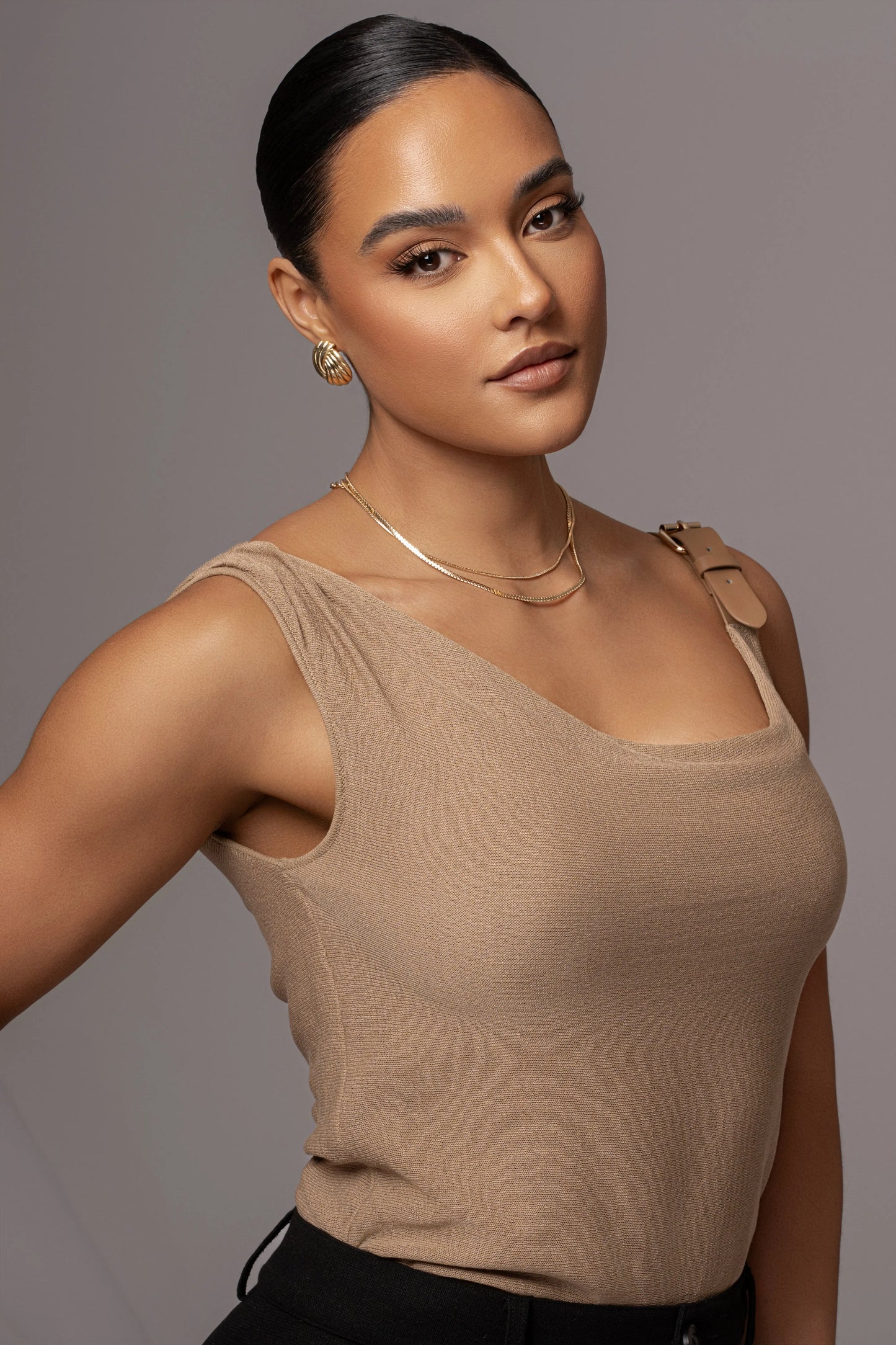 Beige Shanti Faux Buckle Top JLUXLABEL