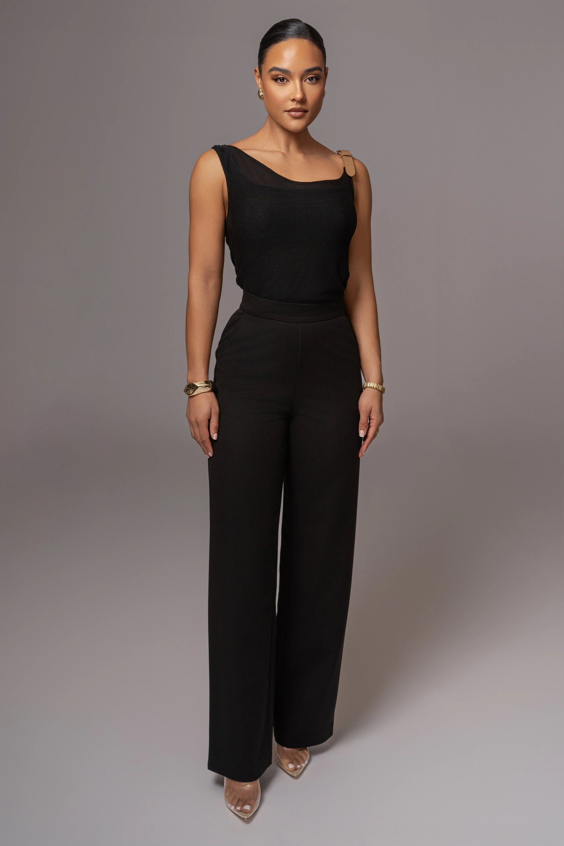Black Shanti Faux Buckle Top JLUXLABEL