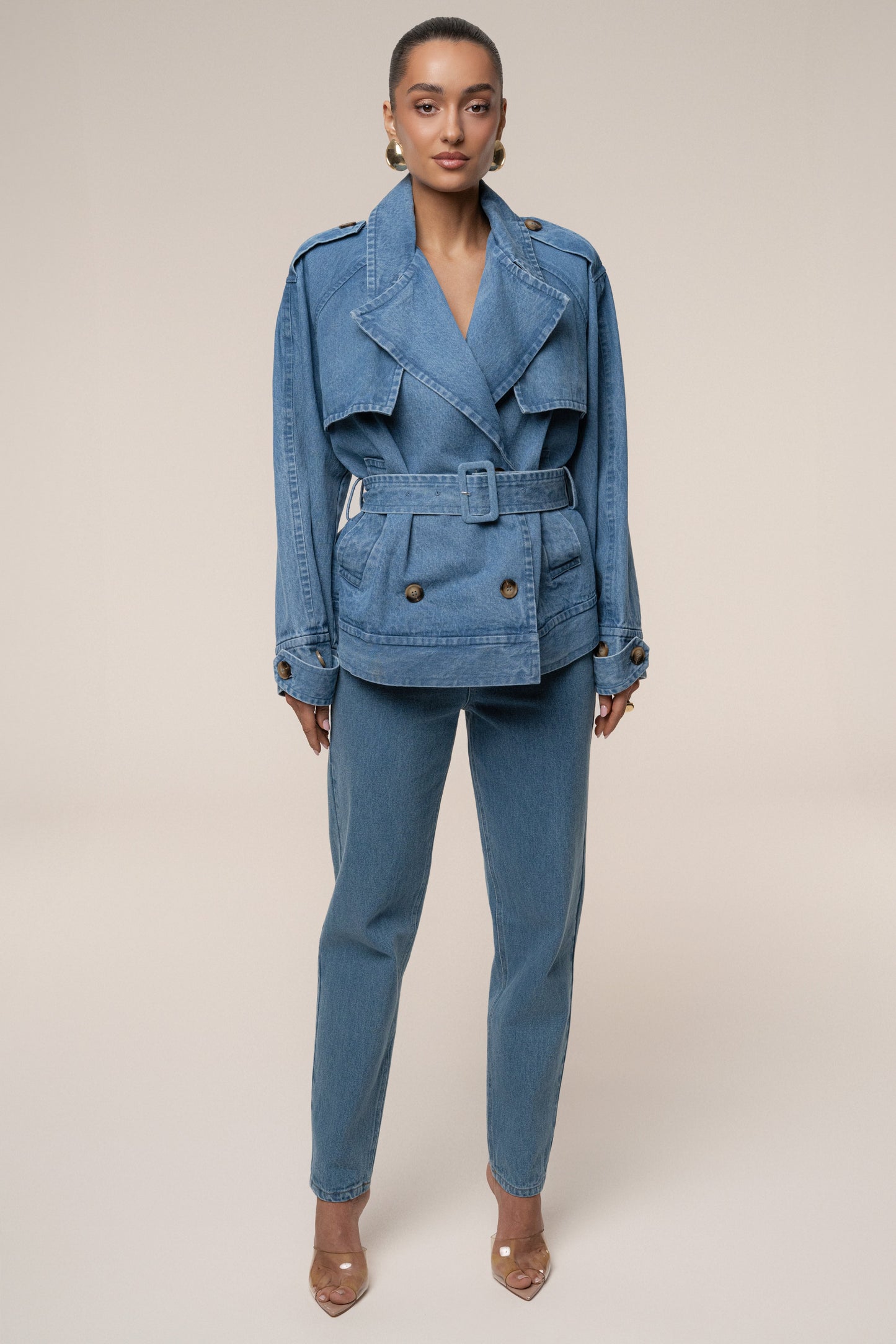 Medium Wash Double Breasted Denim Jacket JLUXLABEL