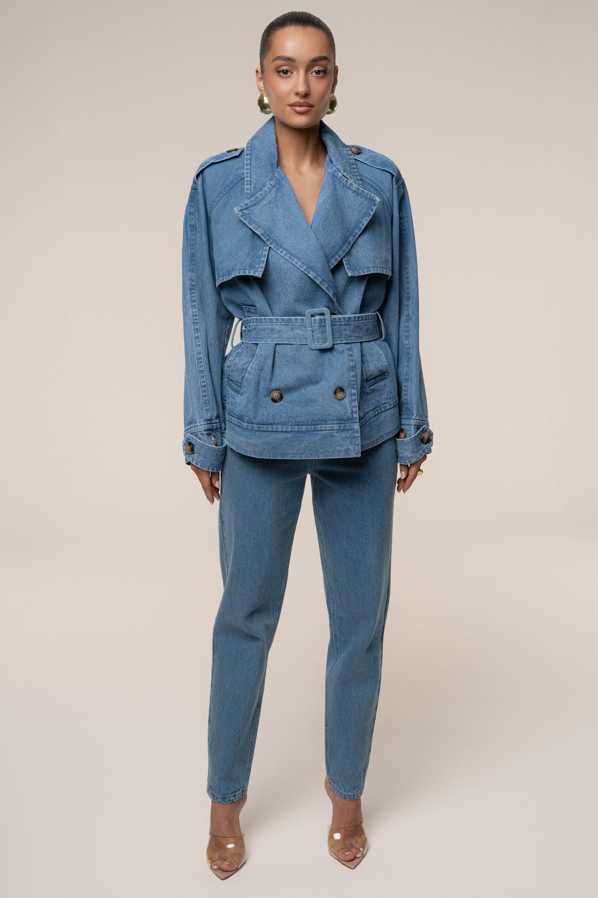 Medium Wash Double Breasted Denim Jacket JLUXLABEL