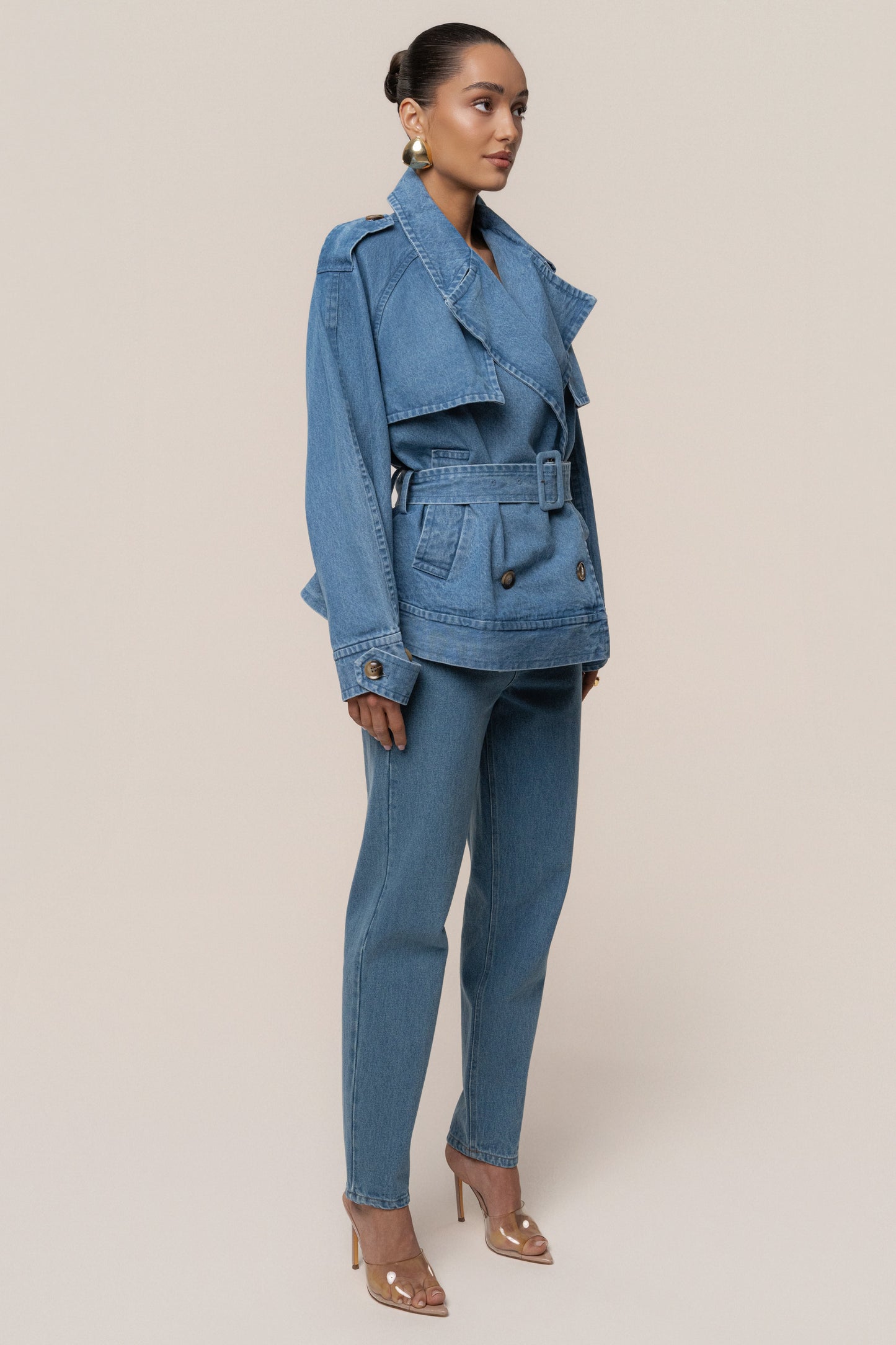 Medium Wash Double Breasted Denim Jacket JLUXLABEL