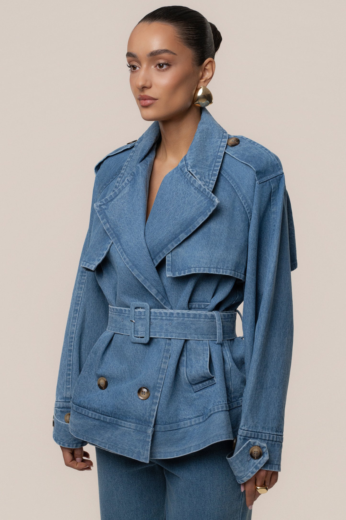 Medium Wash Double Breasted Denim Jacket JLUXLABEL
