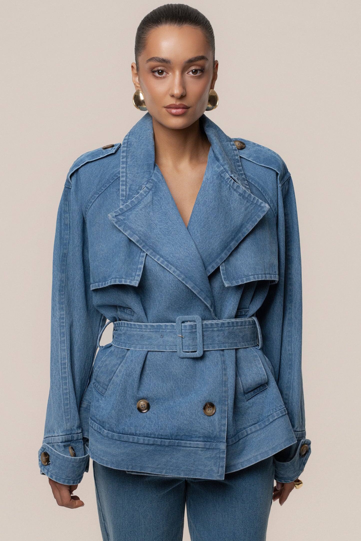 Medium Wash Double Breasted Denim Jacket JLUXLABEL