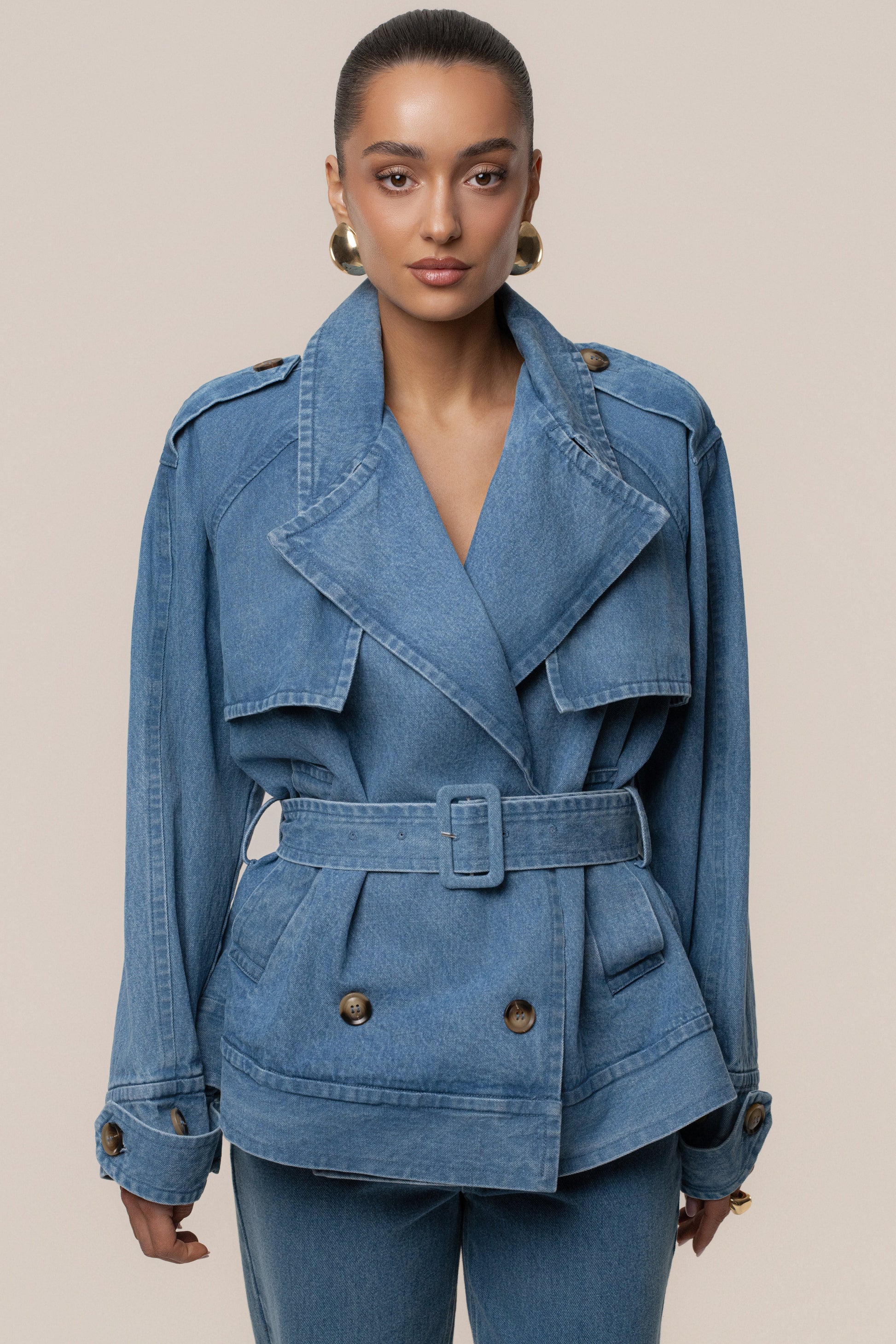 Medium Wash Double Breasted Denim Jacket JLUXLABEL