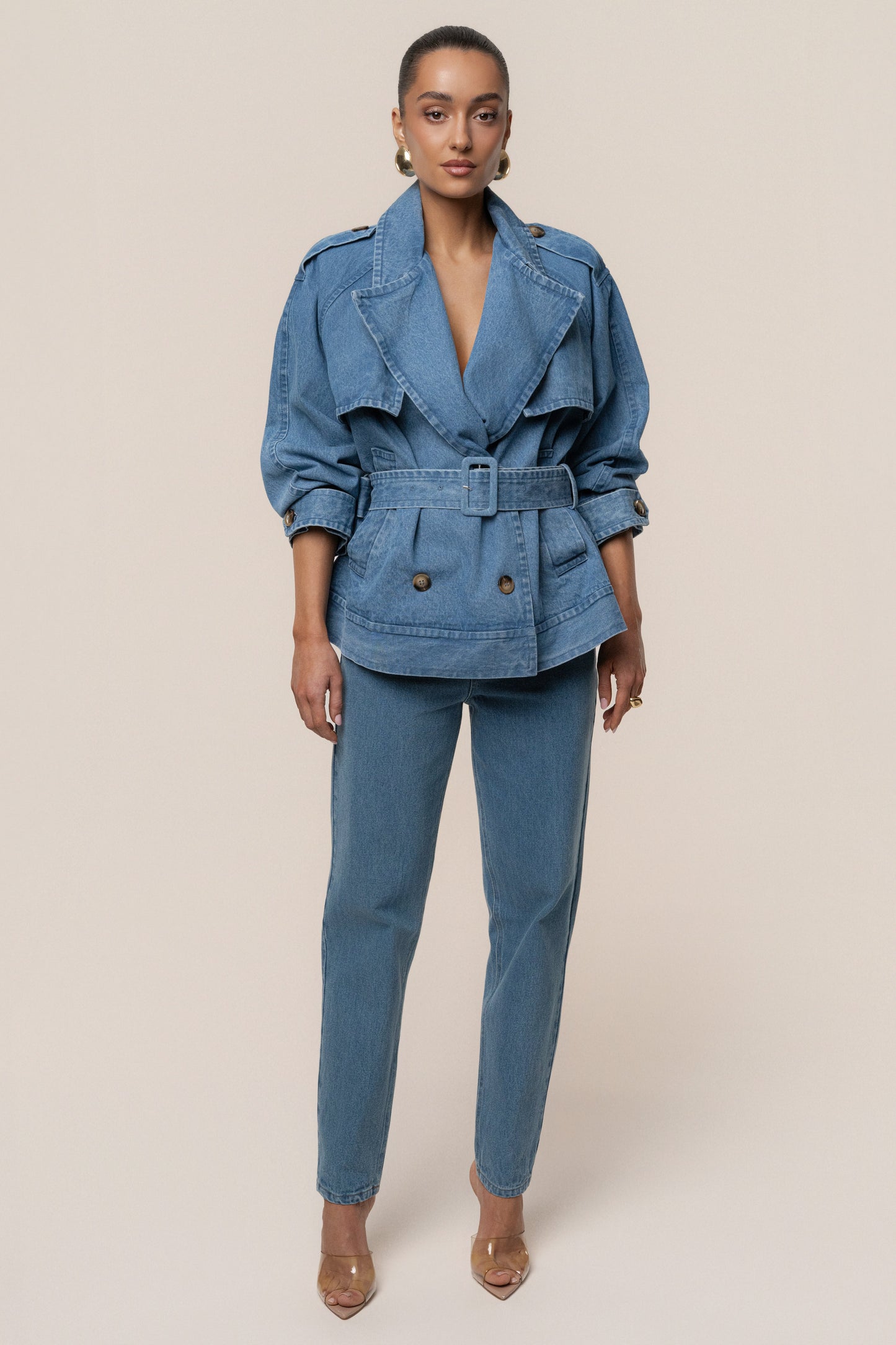 Medium Wash Double Breasted Denim Jacket JLUXLABEL