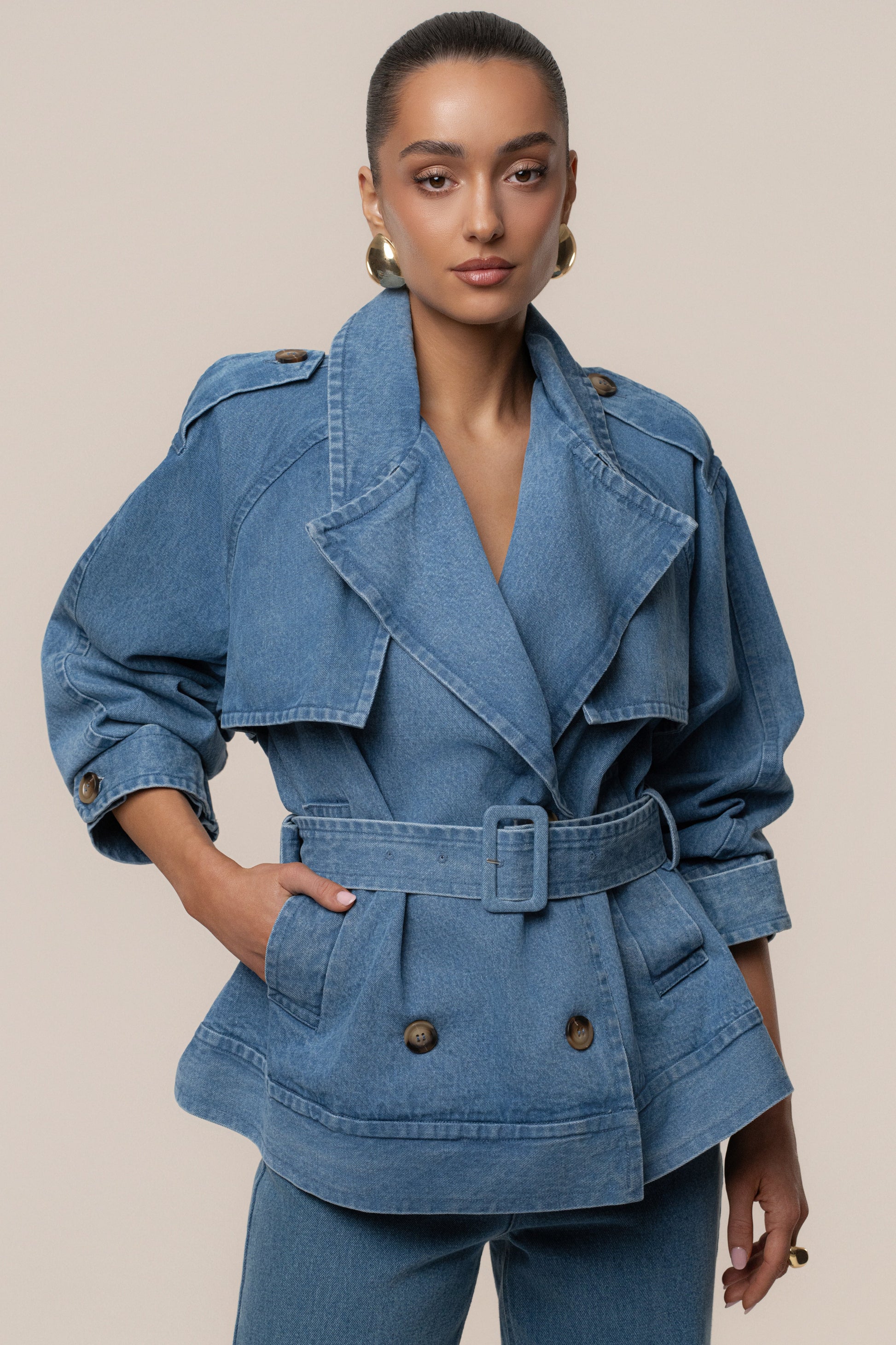 Medium Wash Double Breasted Denim Jacket JLUXLABEL