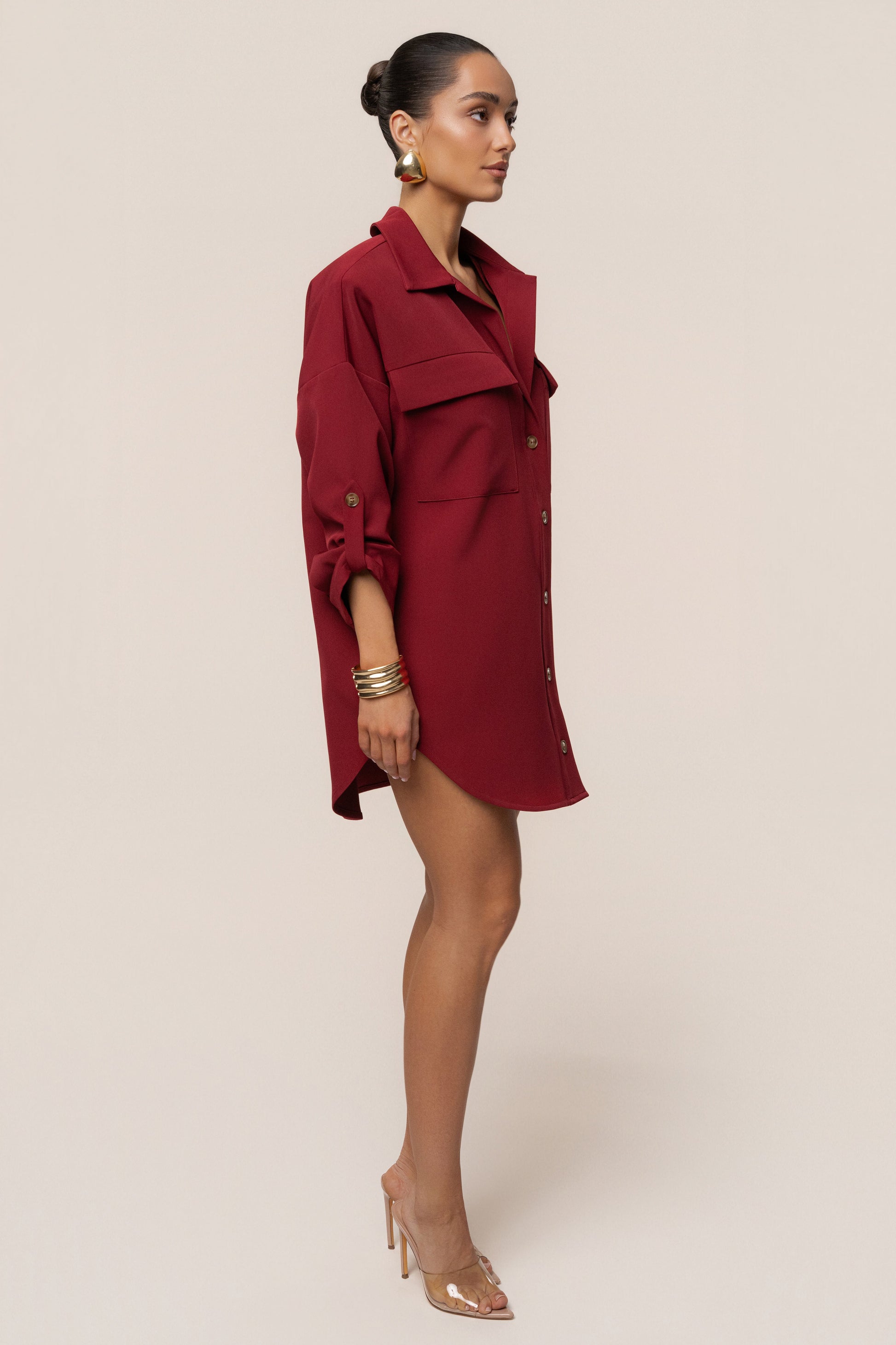Burgundy Downtime Collared Shirt Dress JLUXLABEL