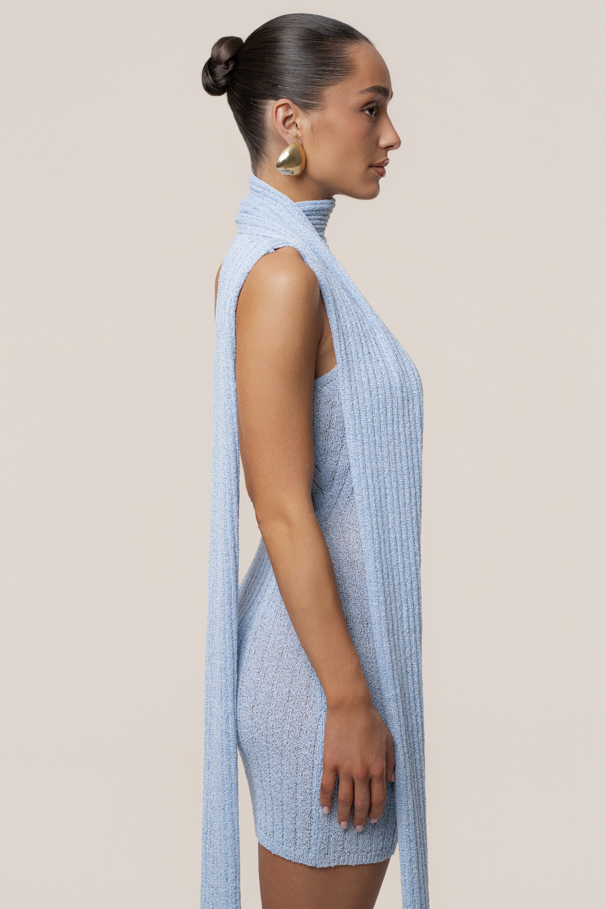 Lt. Blue Ribbed Scarf Mini Dress JLUXLABEL