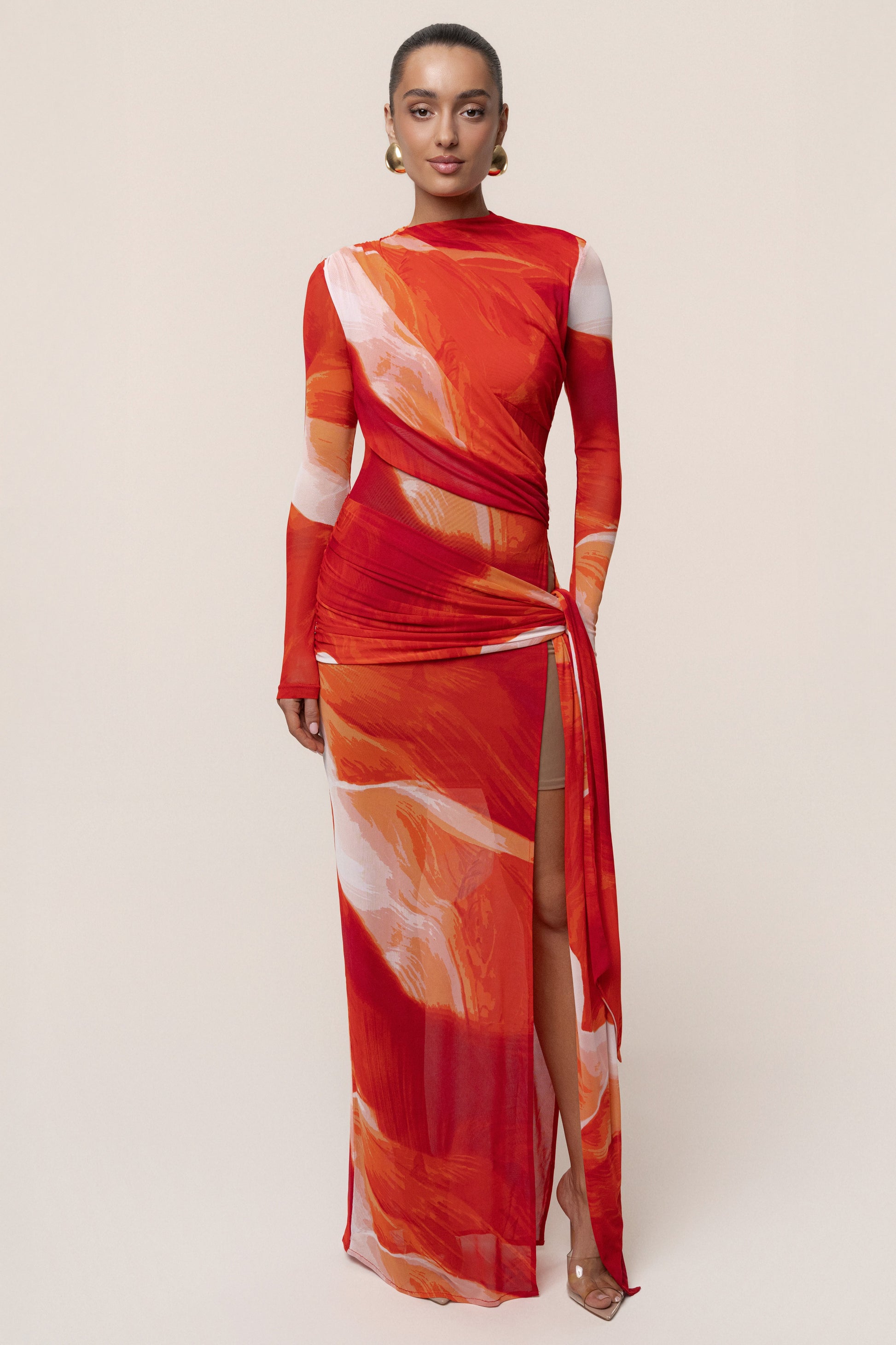 Sunset Red Heatwave Mesh Maxi Dress JLUXLABEL