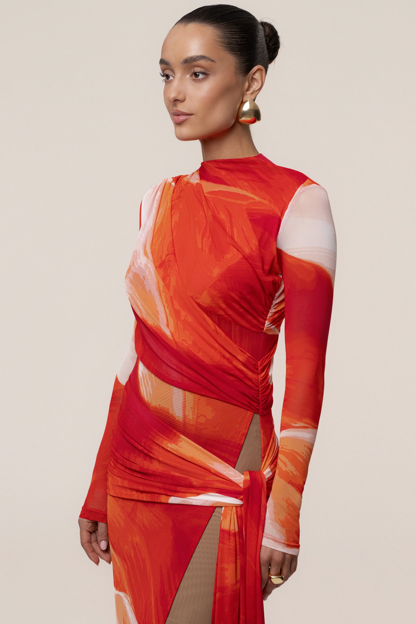 Sunset Red Heatwave Mesh Maxi Dress JLUXLABEL