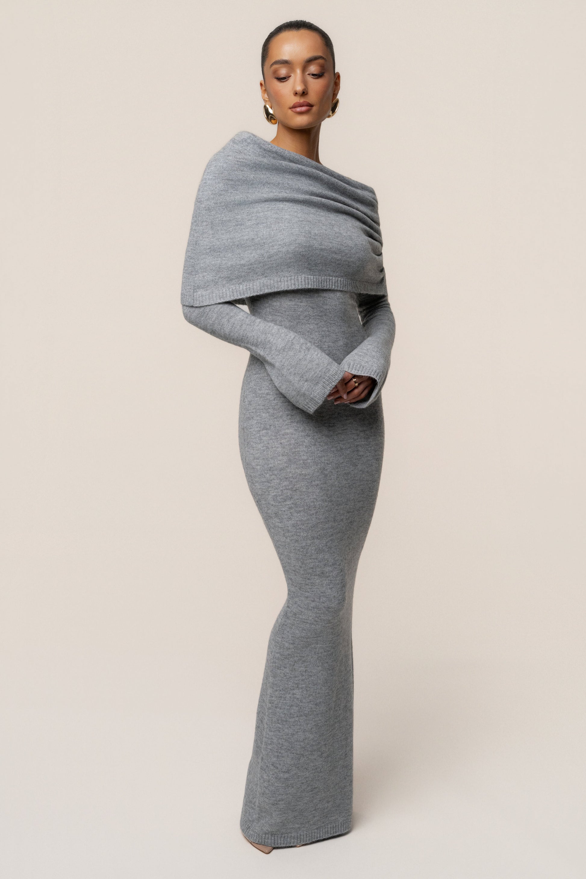 Grey Soft Haven Off-Shoulder Dress JLUXLABEL