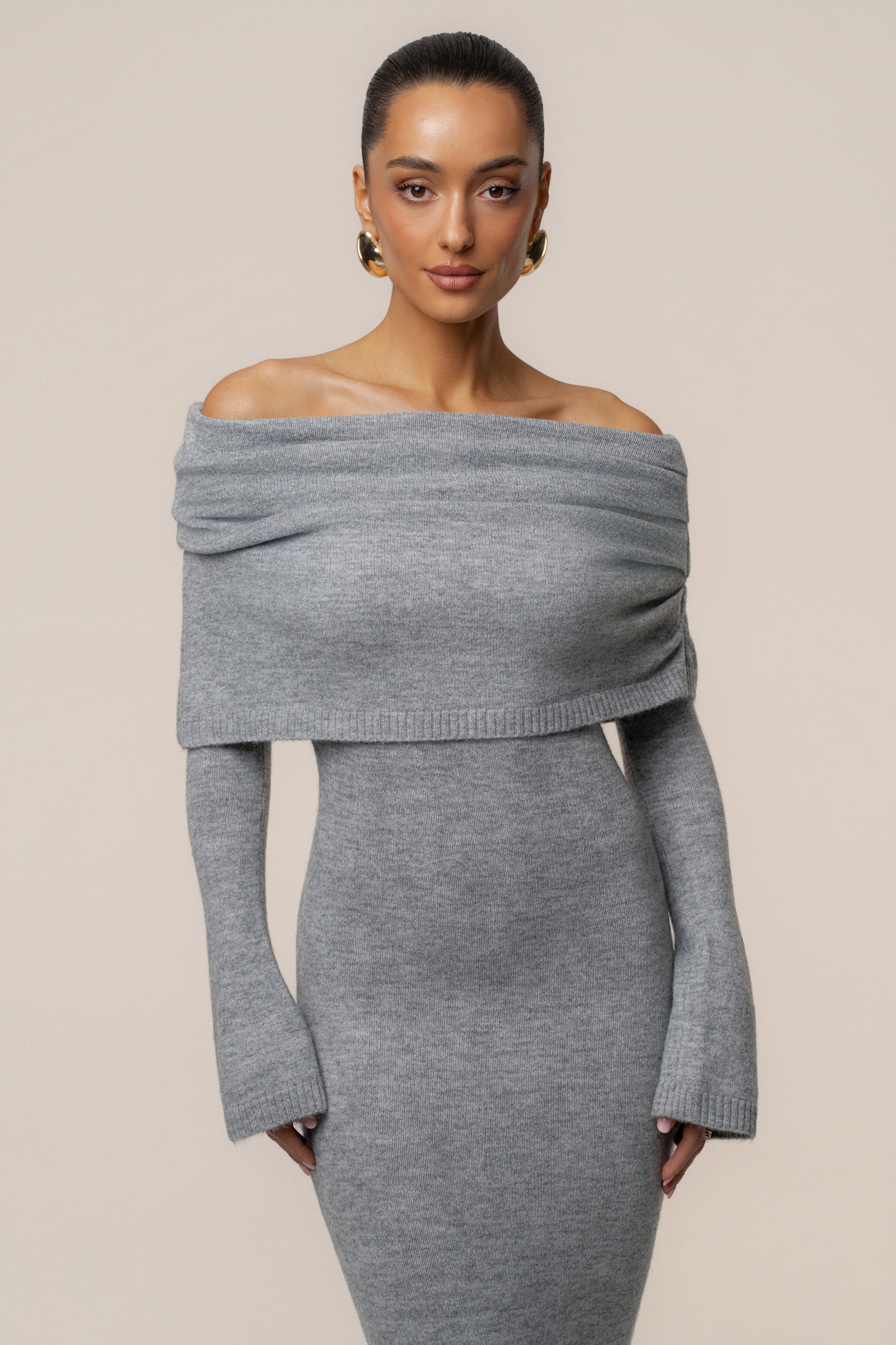 Grey Soft Haven Off-Shoulder Dress JLUXLABEL