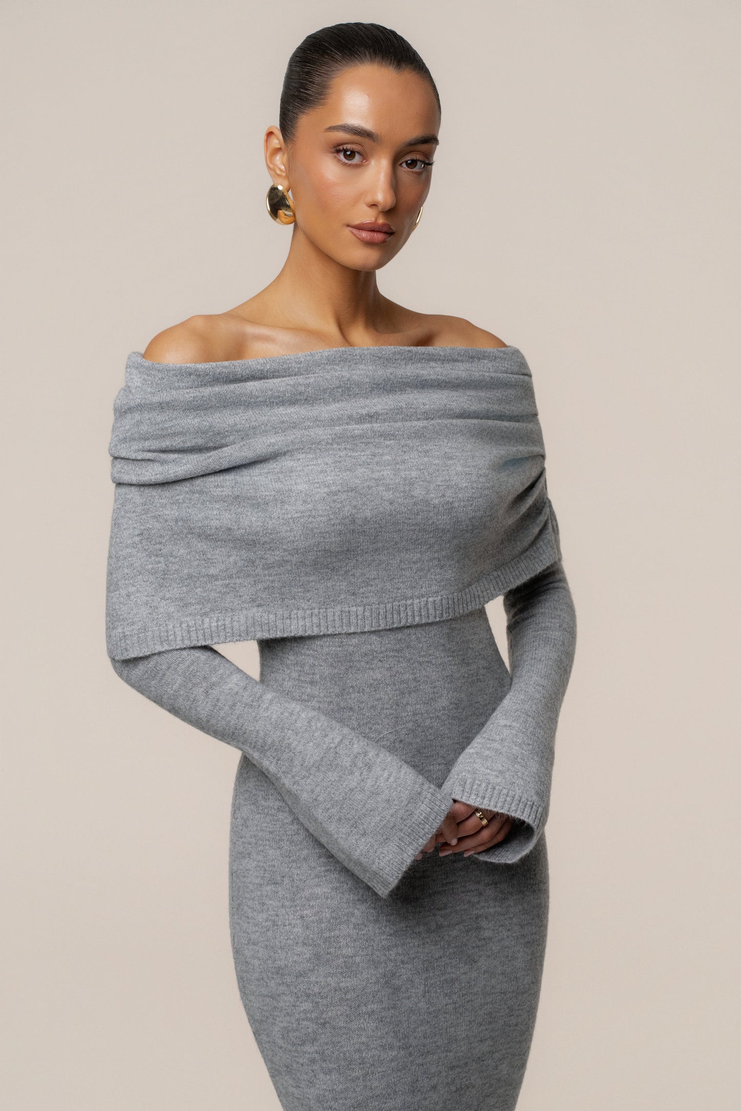 Grey Soft Haven Off-Shoulder Dress JLUXLABEL