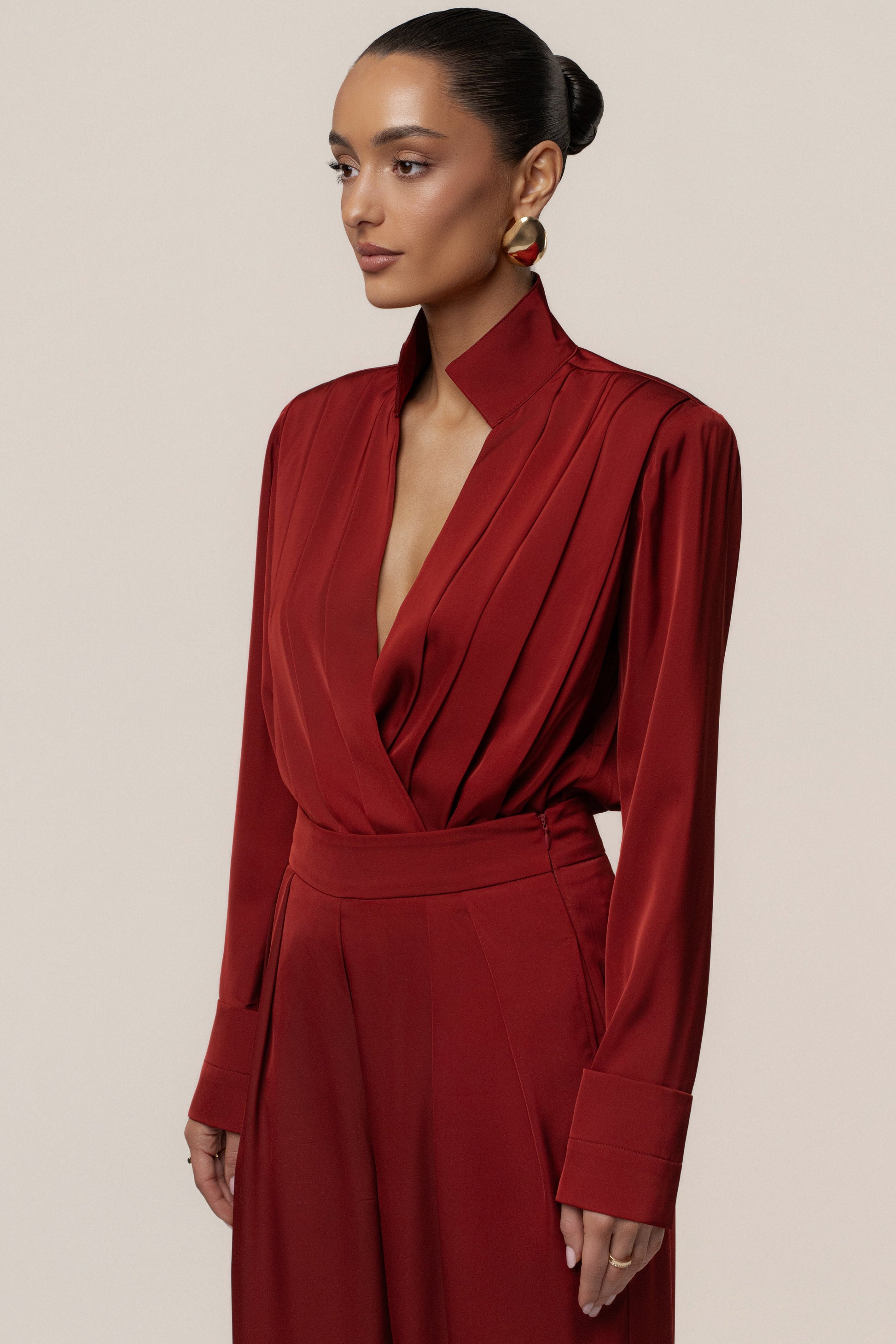 Burgundy Visionary Pleated Bodysuit JLUXLABEL